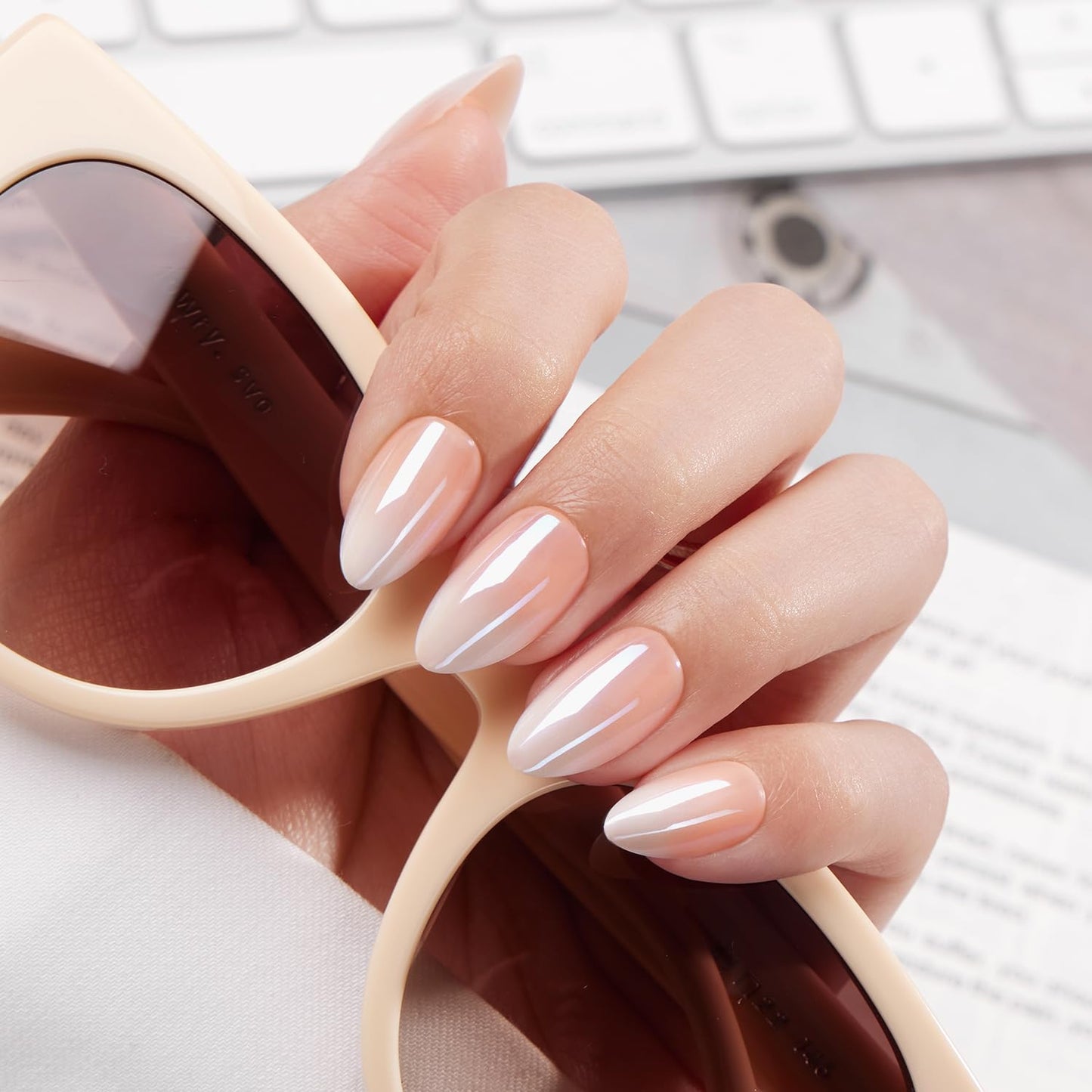 VSALON Short Almond Press on Nails - Chrome Nude Ombre Fake Nails Kit for Women - Reusable Opaque Glazed Salon Quality Glue on Nails Spring Summer Nails 32 PCS in 16 Sizes