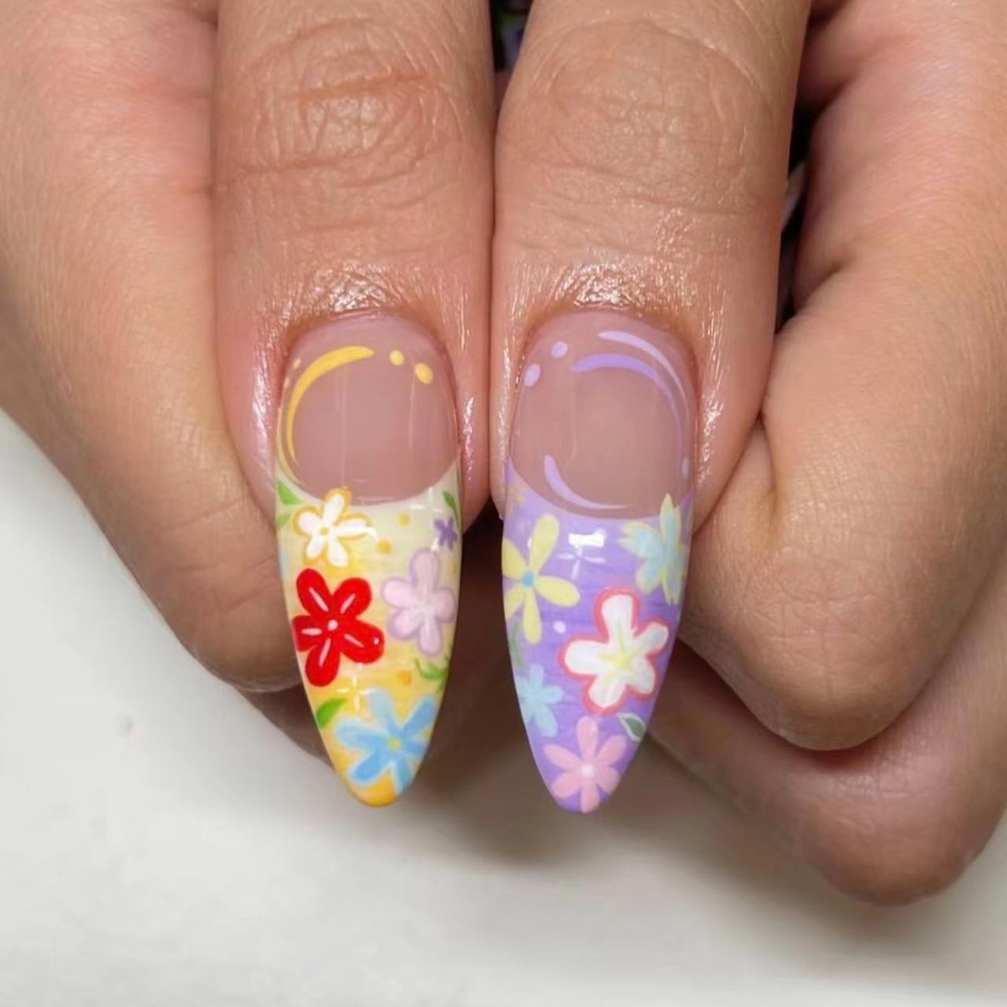 MERVF Long Almond Press on Nails - Colorful Flower French Tip Fake Acrylic Nails, Spring Design Stiletto 24pcs Glossy