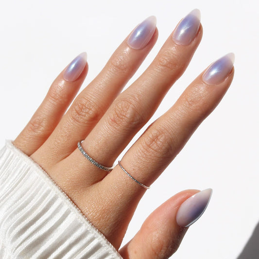 Glamnetic Press On Nails - Short Almond Fake Nails, Milky White Nails with Blue Aura Glazed Finish, Sky Berry | 15 Sizes - 30 Nail Kit with Glue | Gift for Mom