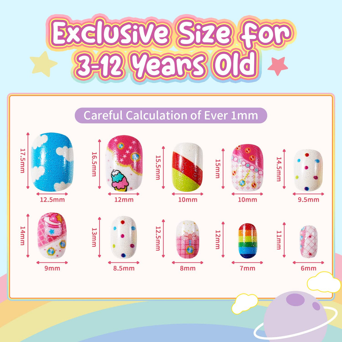 Modelones Press on Nails for Kids 144Pcs 6 Pack Children Acrylic Fake Nails Pre-glue Full Cover Glitter Gradient Color Rainbow Candy Short False Nail Kits Sets Thanksgiving Christmas Gifts for Girls