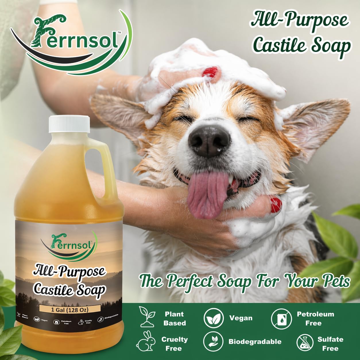 Ferrnsol Pure Castile Liquid Soap, Olive Oil, Unscented, 1 Gallon Refill | Vegan, Cruelty-Free & Biodegradable | Gentle All-Purpose Soap for Face, Body, Hands, Dishes, Pets & Laundry | Made in USA