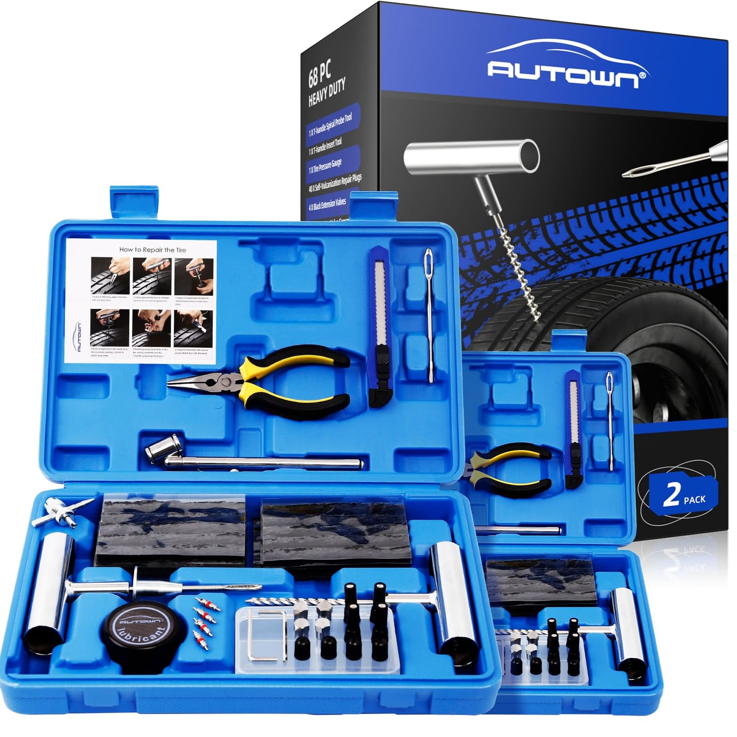 AUTOWN Flat Tire Repair Kit with Plug 68 Pcs for Car, Motorcycle, ATV, Jeep, Truck, Tractor Flat Tire Repair (2-Pack) (Set of 2-68pcs)
