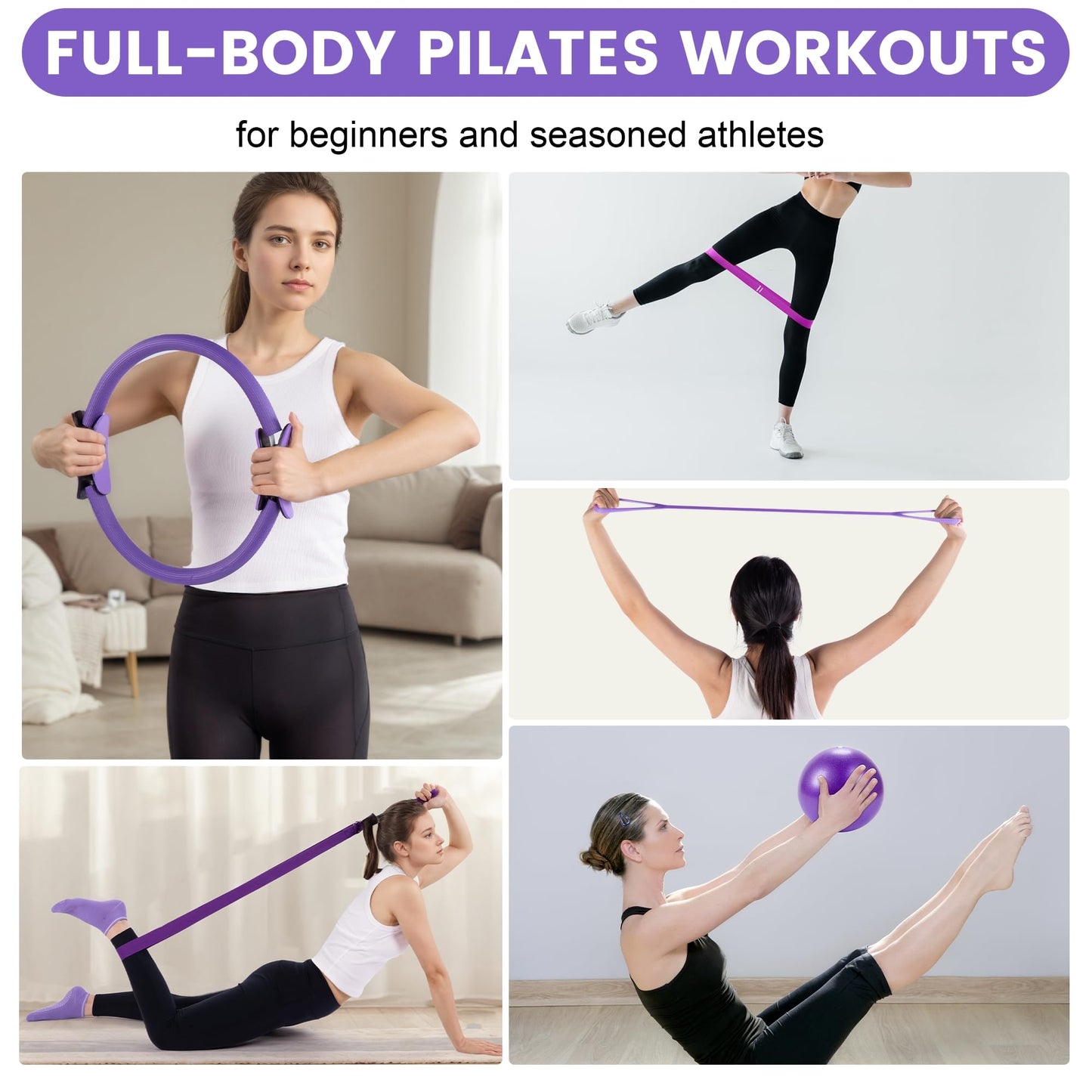 14" Pilates Ring Circle Fitness Set of 17 Equipment Accessories Workouts Includes Pilates Ball Magic Circle Yoga Ring Knee Pads and Resistance Bands for Women Set Gift for Women Weight Loss (Purple)"