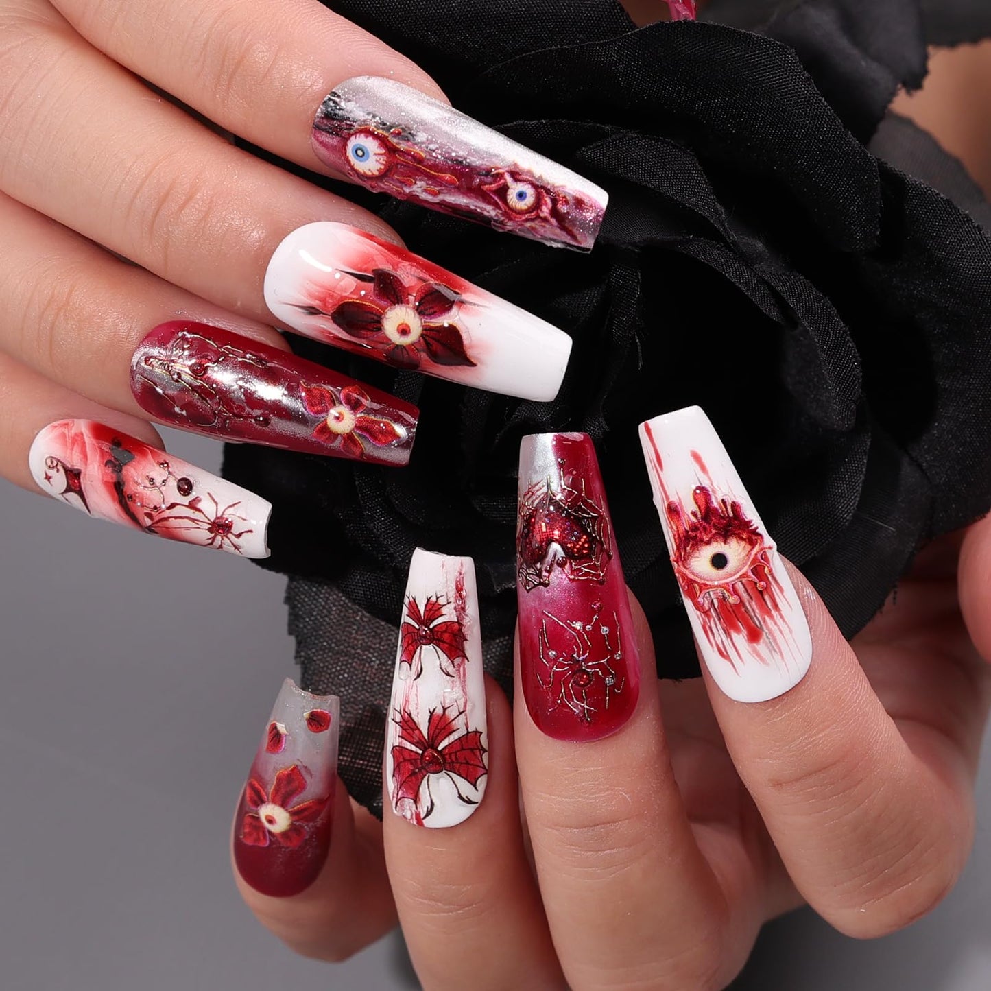 Halloween Nail Stickers for Nail Art 2 Sheet, Red Hibiscus Flowers Evil Eye Nail Decals 5D Embossed Spider Web Bat Design Stickers Halloween Nail Supplies for Women Girls DIY Nail Decorations