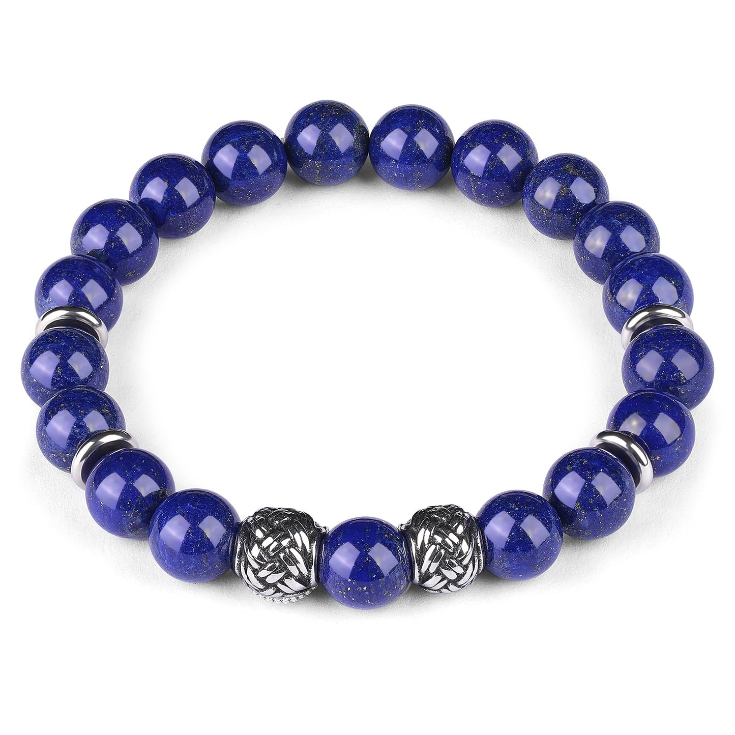 King Will Natural Lapis Lazuli Bead Bracelet for Men, 10mm Royal Blue Gemstone Spiritual Healing Bracelet with Braided Metal Accents, Inner Peace Jewelry