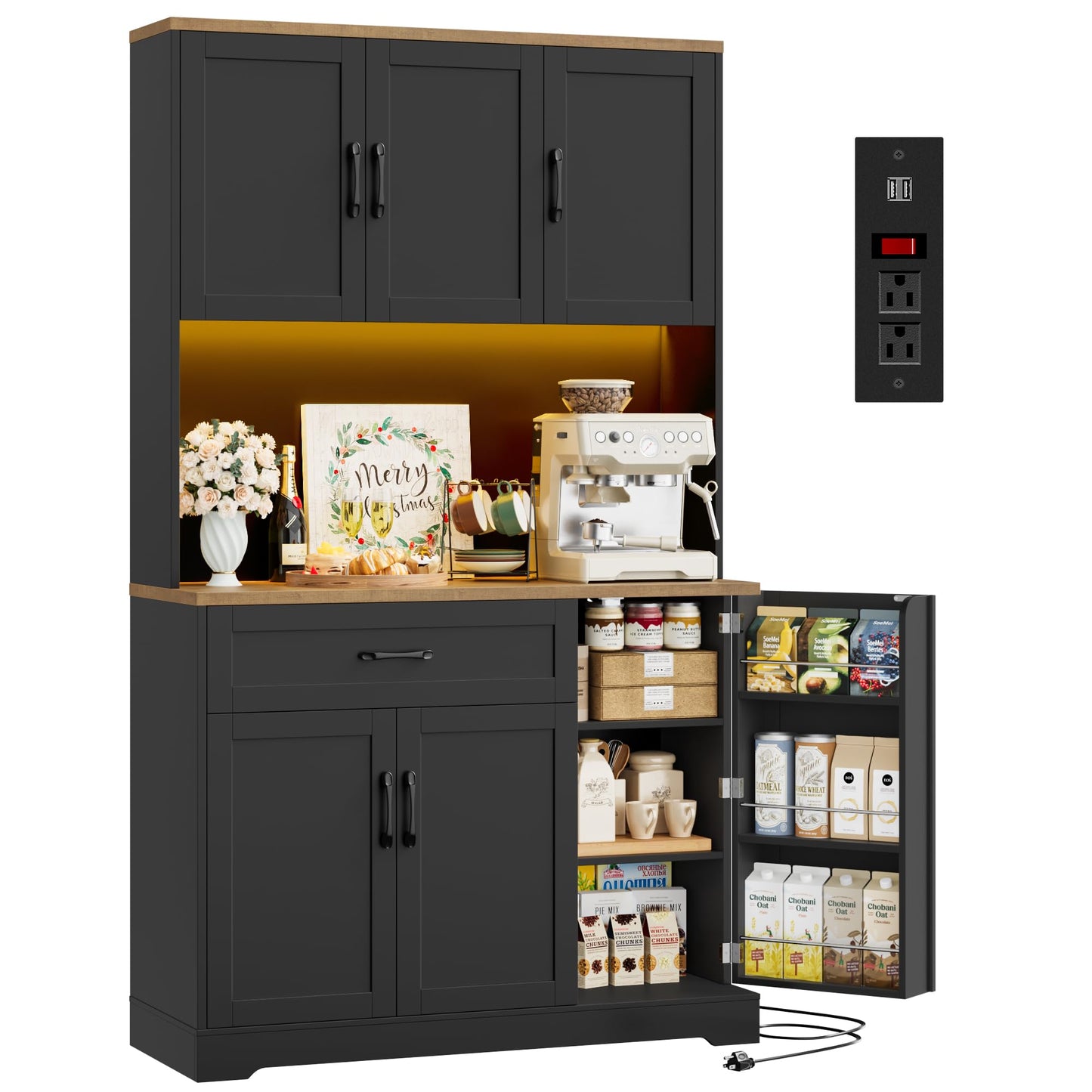 HIFIT 71" LED Kitchen Pantry Cabinet with Power Outlet, Tall Hutch Storage Cabinet with Microwave Stand & 6 Door Shelves, Modern Food Pantry Cabinets with Drawer for Kitchen Dining Living Room, Black
