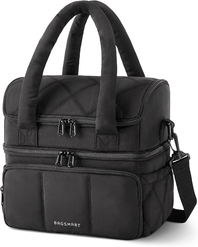 BAGSMART Lunch Bag Women, Double Deck Insulated Lunch Box, Quilted Puffer Lunch Tote, Leakproof, Durable & Reusable Large Lunch Cooler For Work Picnic Travel Meal Prep, Black