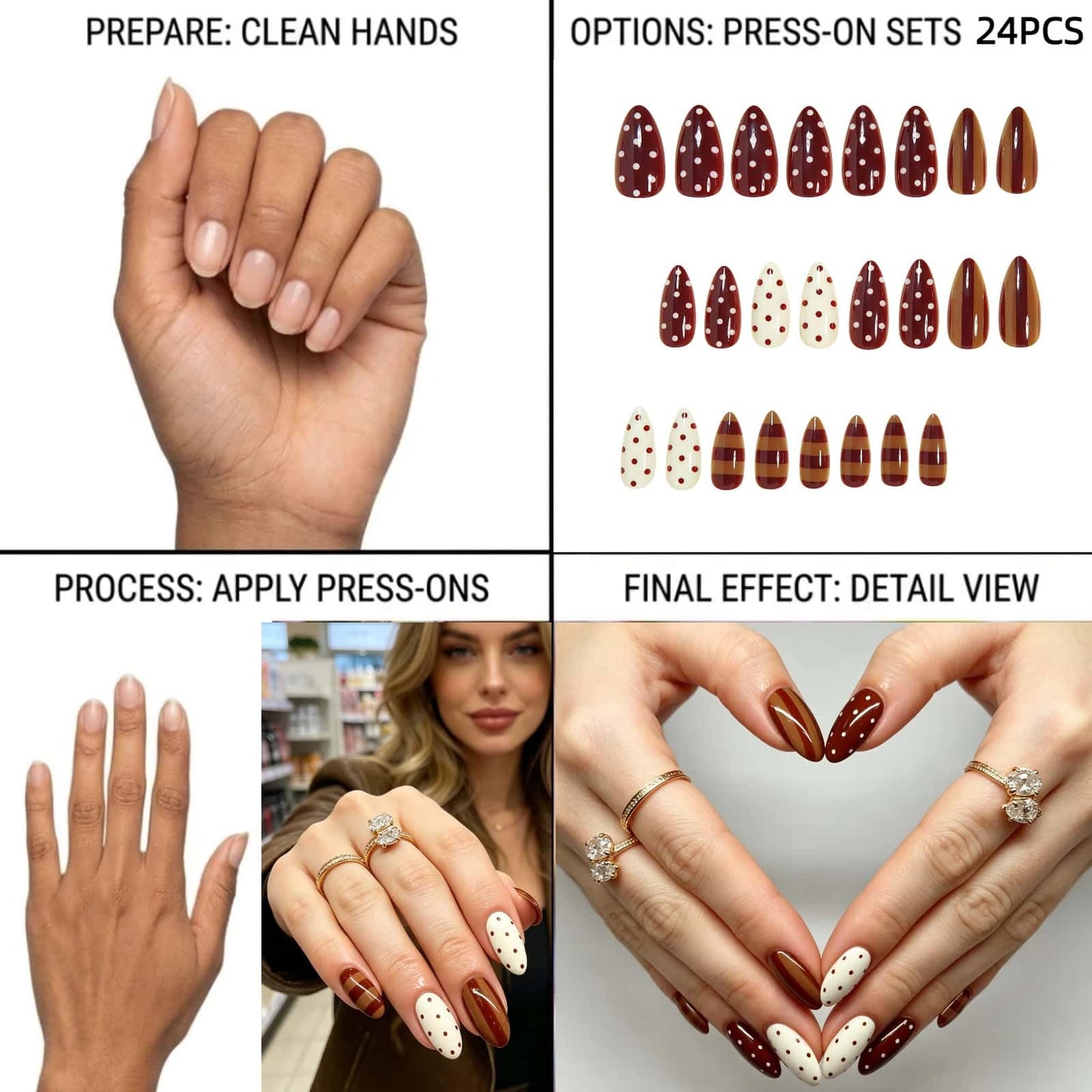 CLYHLTMZ Almond Press On Nails Short Fake Nails with Polka Dot Brown Stripes Design Glue On Nails 24 Pcs Cute Acrylic Press on Tips White Full Cover Stick on Nail Reusable Manicure Sticky for Women