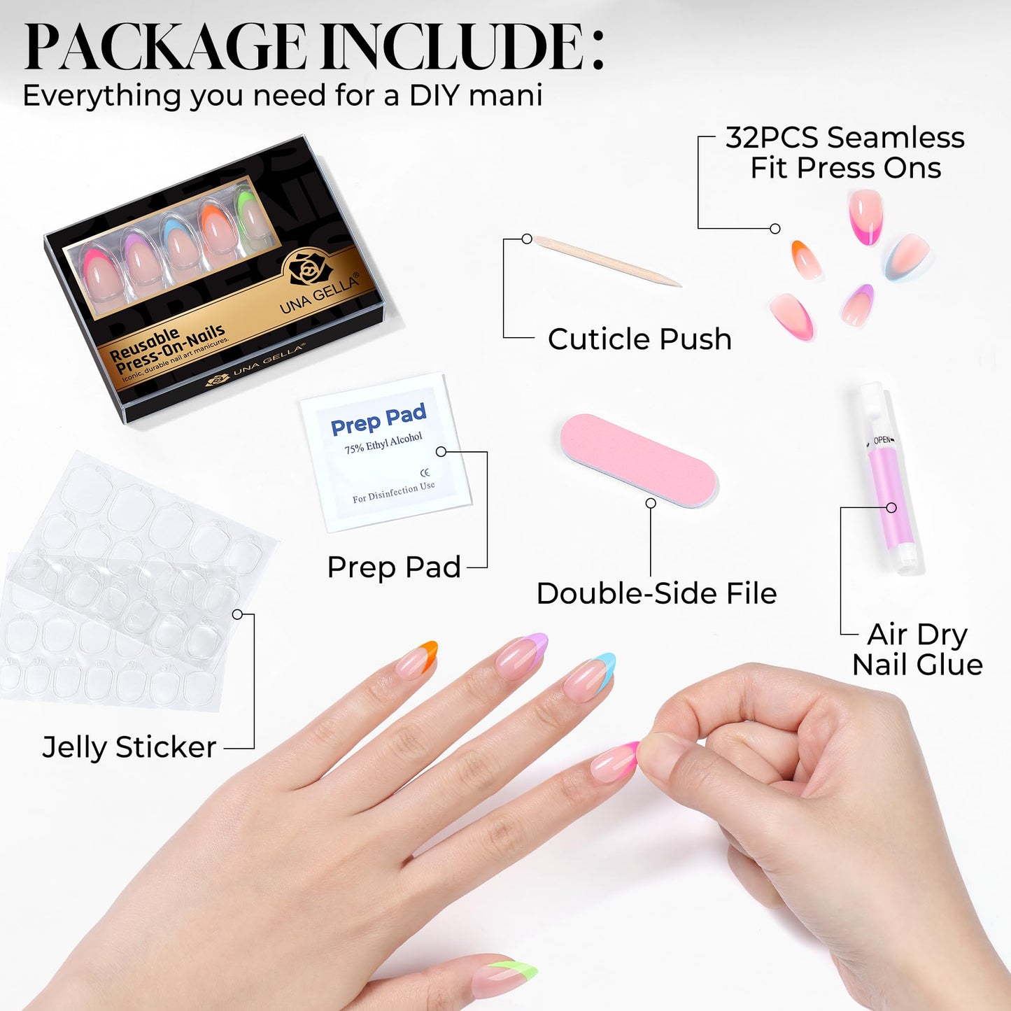 UNA GELLA 32Pcs Soft Gel Press on Nails - 16 Sizes Spring Summer French Tip Almond Glue on Nails, Reusable Neon Pastel Rainbow False Nails, Full Cover Acrylic Nail Kit for Women DIY Home Manicure