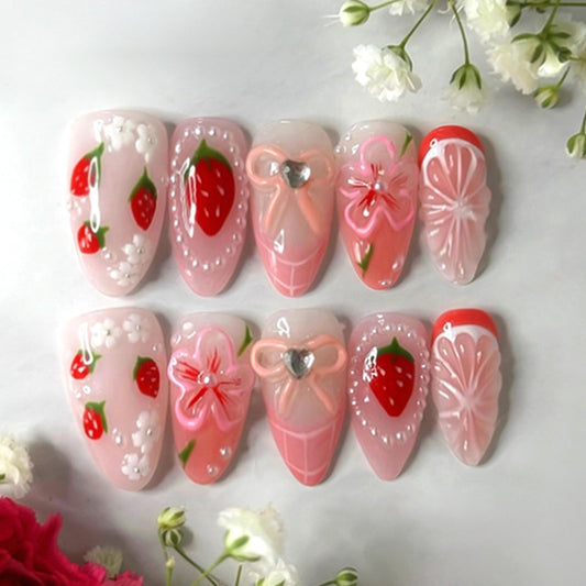 24Pcs Cute Strawberry Press on Nails Medium Almond Fake Nails Pink French Tips False Nails with Bow Pearl Rhinestone Design Flower Full Cover Artificial Nail for Women Girls DIY Manicure Tips