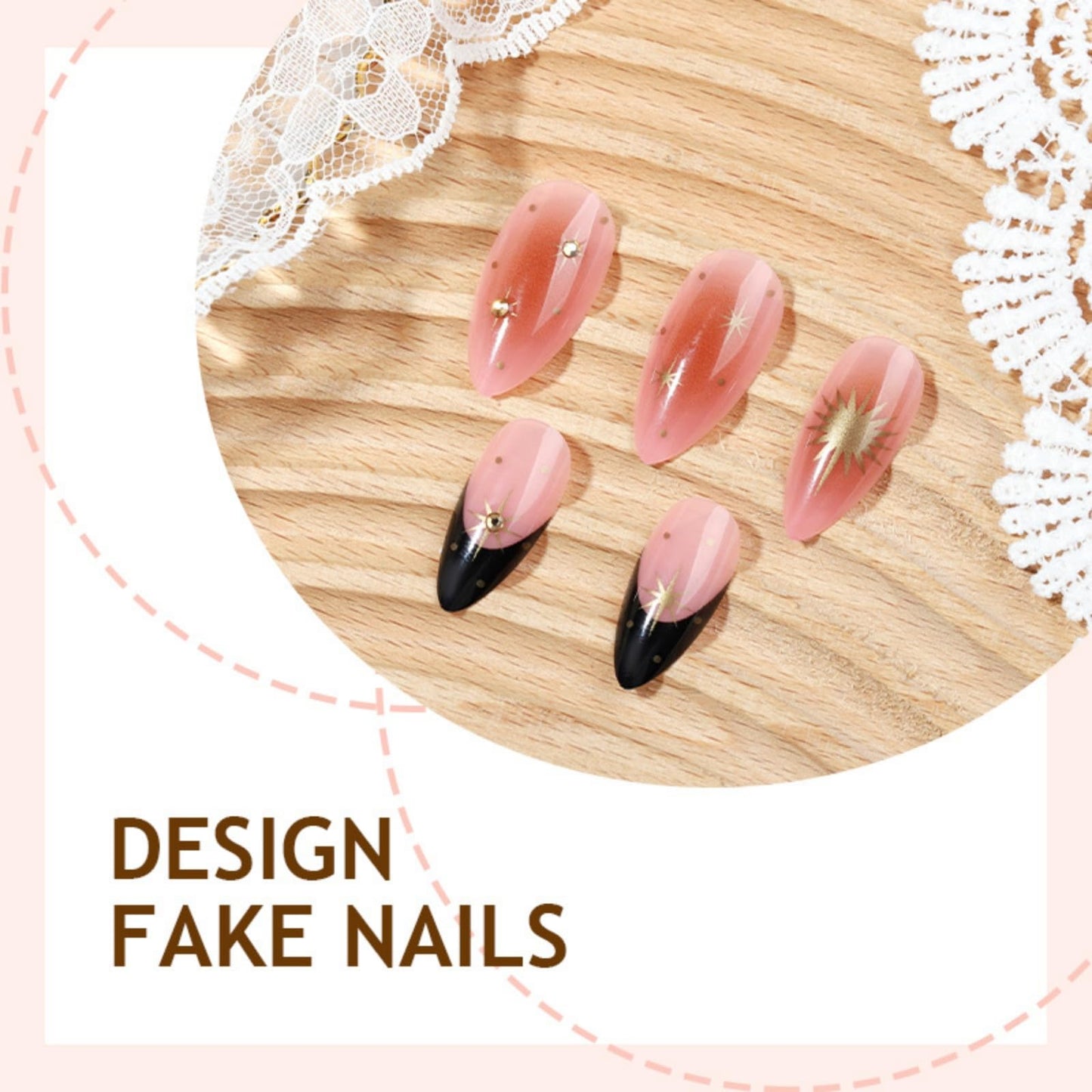 octoswave Medium Almond Press on Nails French Tip Fake Nails Artificial Nail Black with Love Stick on Nail for Women 24pcs