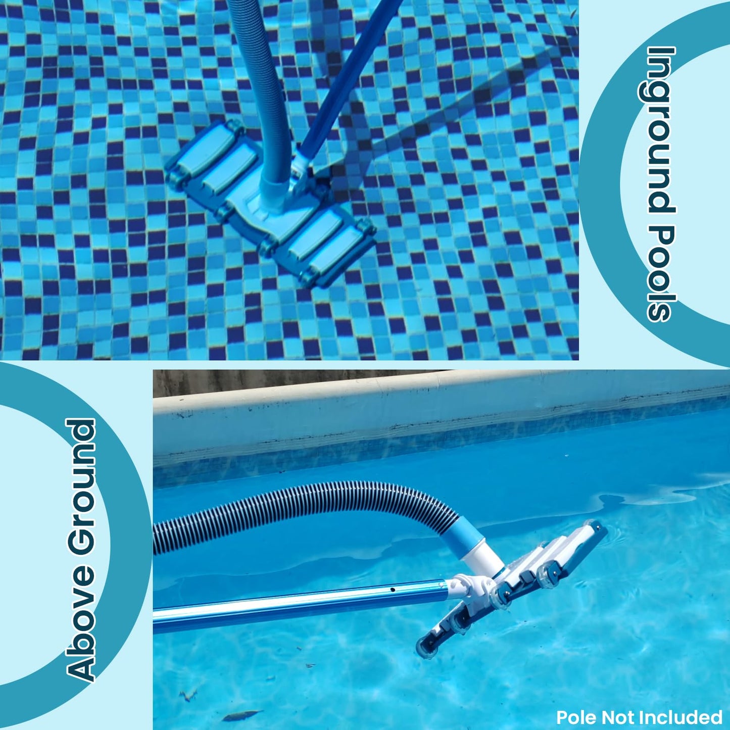 POOLWHALE Professional 1-1/2-Inch x 30-Feet Swimming Pool Vacuum Hoses and Weighted Rotatable Handle Vacuum Head with Wheels, Perfect for Above Ground and Inground Pools