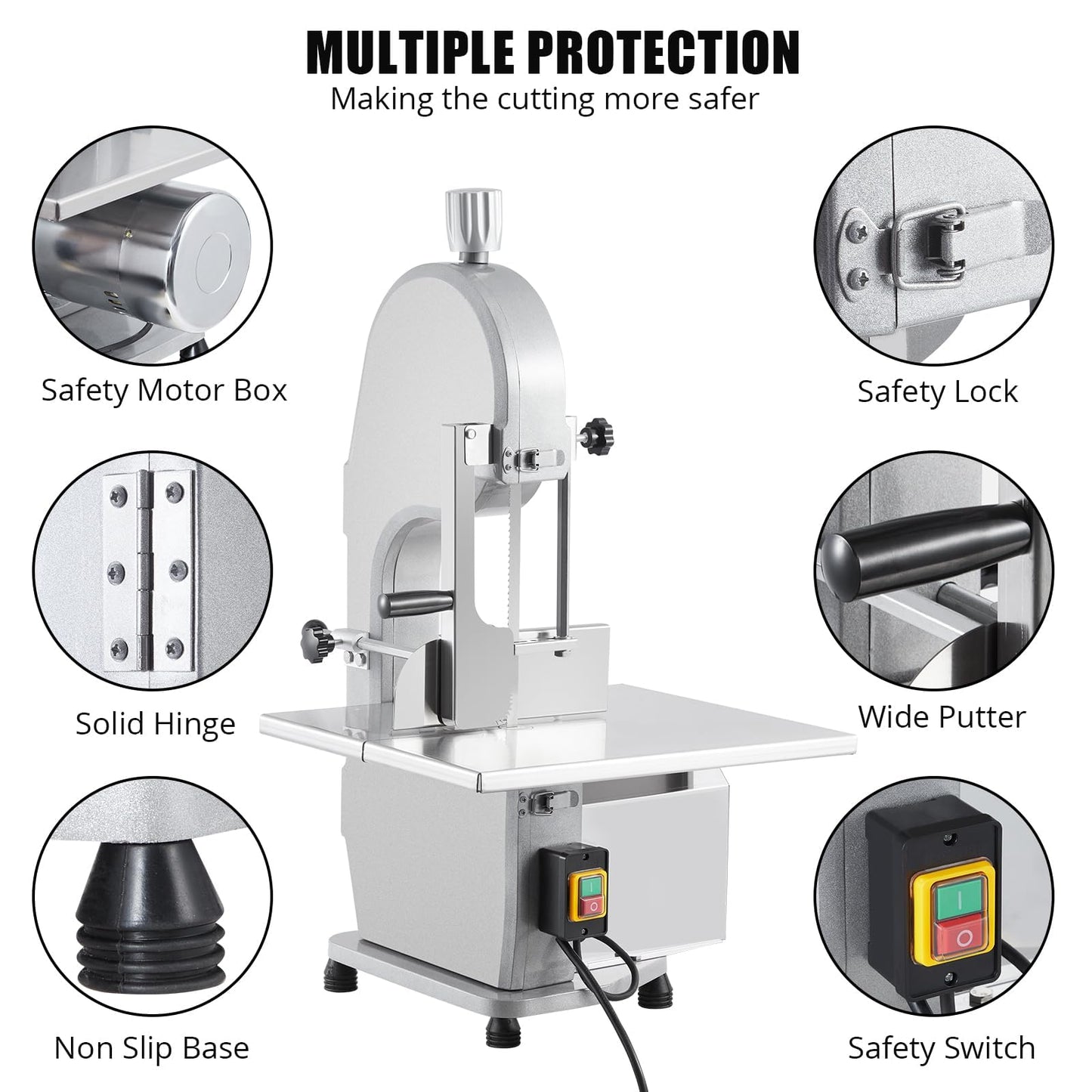 1100W Electric Bone Saw Machine, 0.16-7.09 Inch Cutting Thickness, Frozen Meat Cutter With 5 Saw Blades, 19.3"x15" Table Sawing for Chicken Fish Trotter Beef