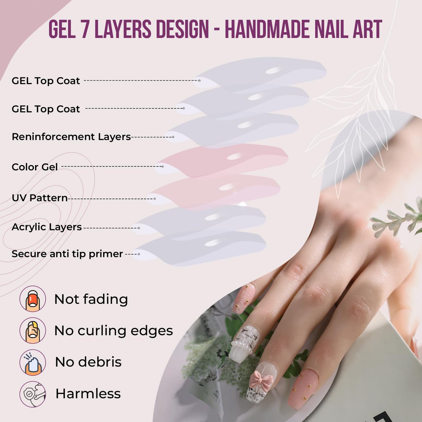 XODITO Fake Nails Set Pink Medium Square Bling Glossy 3D Bow Heart Rhinestone Pearl False Nail Tips, Press On Nails, Artificial Art Nails Finger Manicure for Women and Girls(CDJ0030-M)