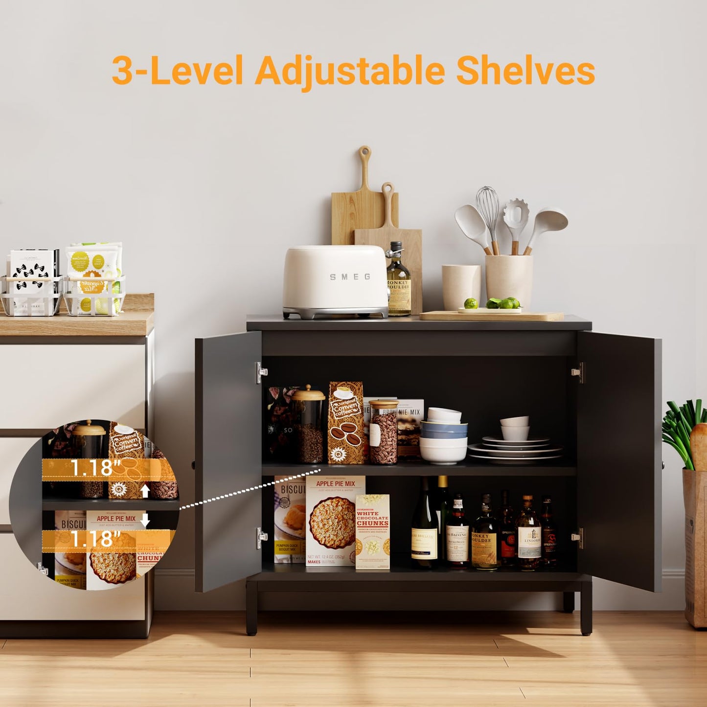 GarveeHome Rattan Sideboard Buffet Cabinet Set of 2, Boho Accent Kitchen Storage Liquor Bar Console Cabinet with Adjustable Shelf for Living Room, Hallway, Black