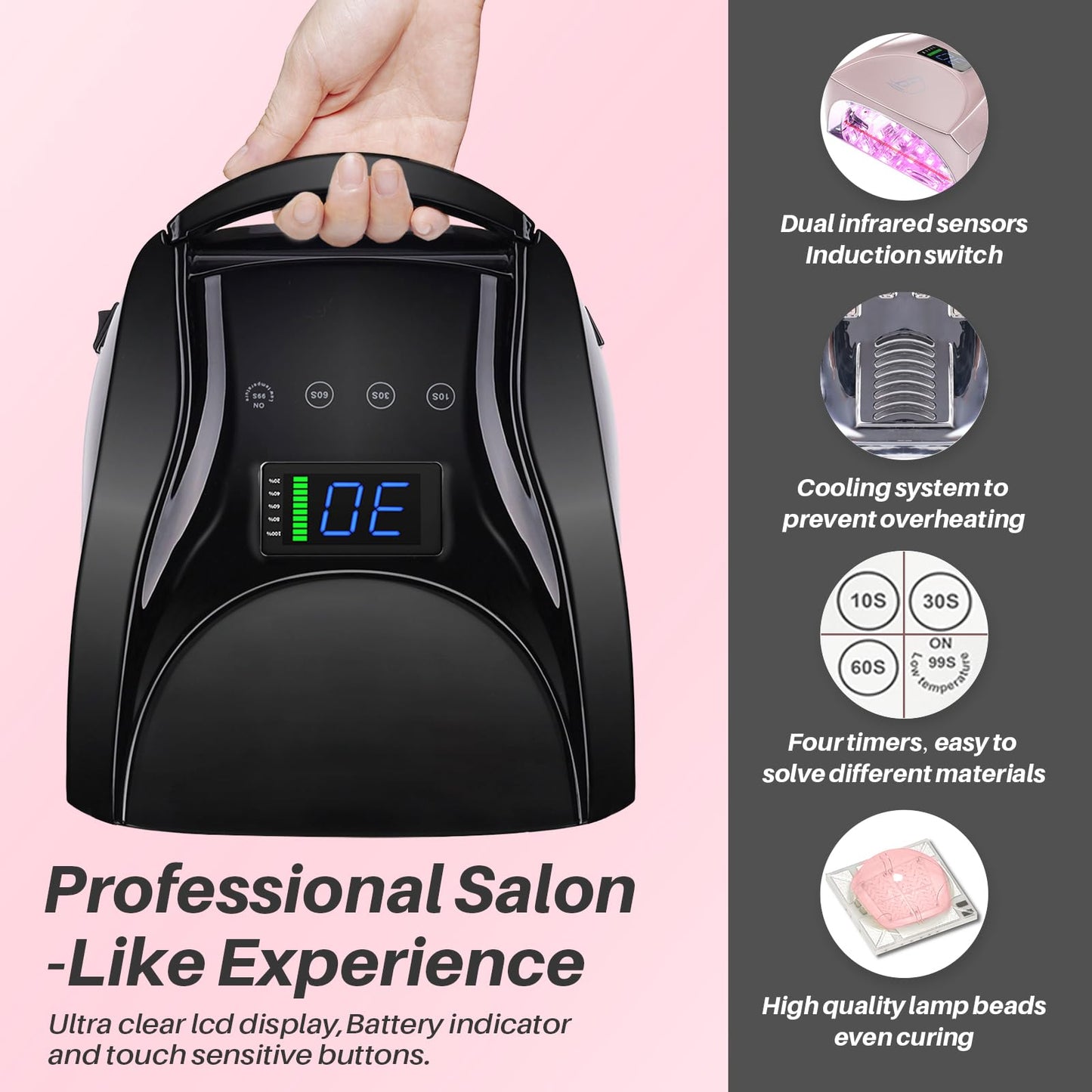 BIDUO 52 LEDs Cordless UV Nail Lamp, 96W High Power, Magnetic Mirror Base,Thumb Light,4 Timers, Auto Sensor, Key Sound, Built-in Cooling Fan,Remote Control Professional UV Light for Gel Nails(Black)