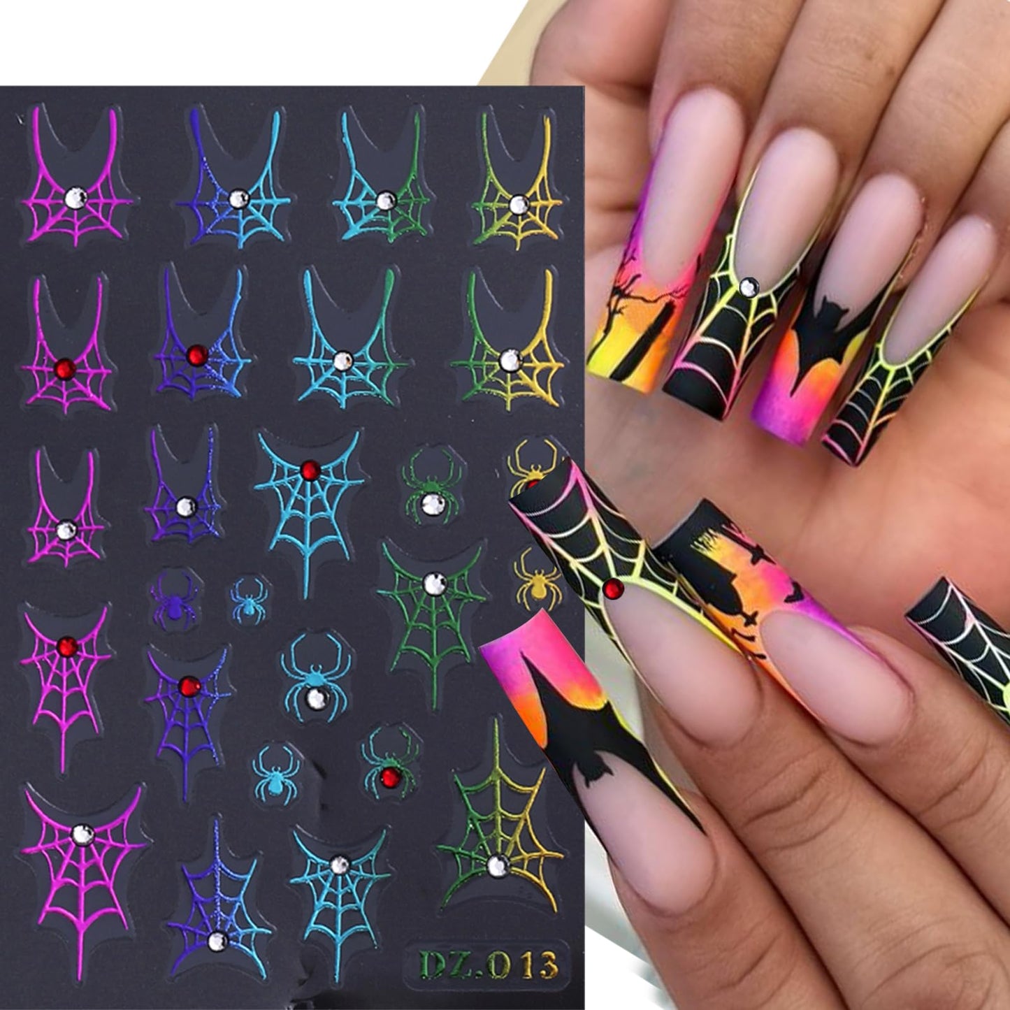 4 Sheets 5D Embossed Halloween Nail Art Stickers Self-Adhesive French Tip Spider Web Nail Decals Laser Gold Silver Rhinestones Spider Nail Designs Stickers Holiday Nails Decoration for Women DIY