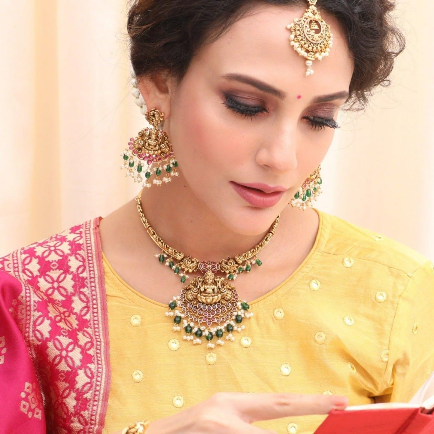 TARINIKA Antique Gold Plated Anandi Short Necklace Set with temple design - Indian Jewelry Sets for Women | Perfect for Ethnic Occasions | Traditional South Indian Necklace | 1 Year Warranty*