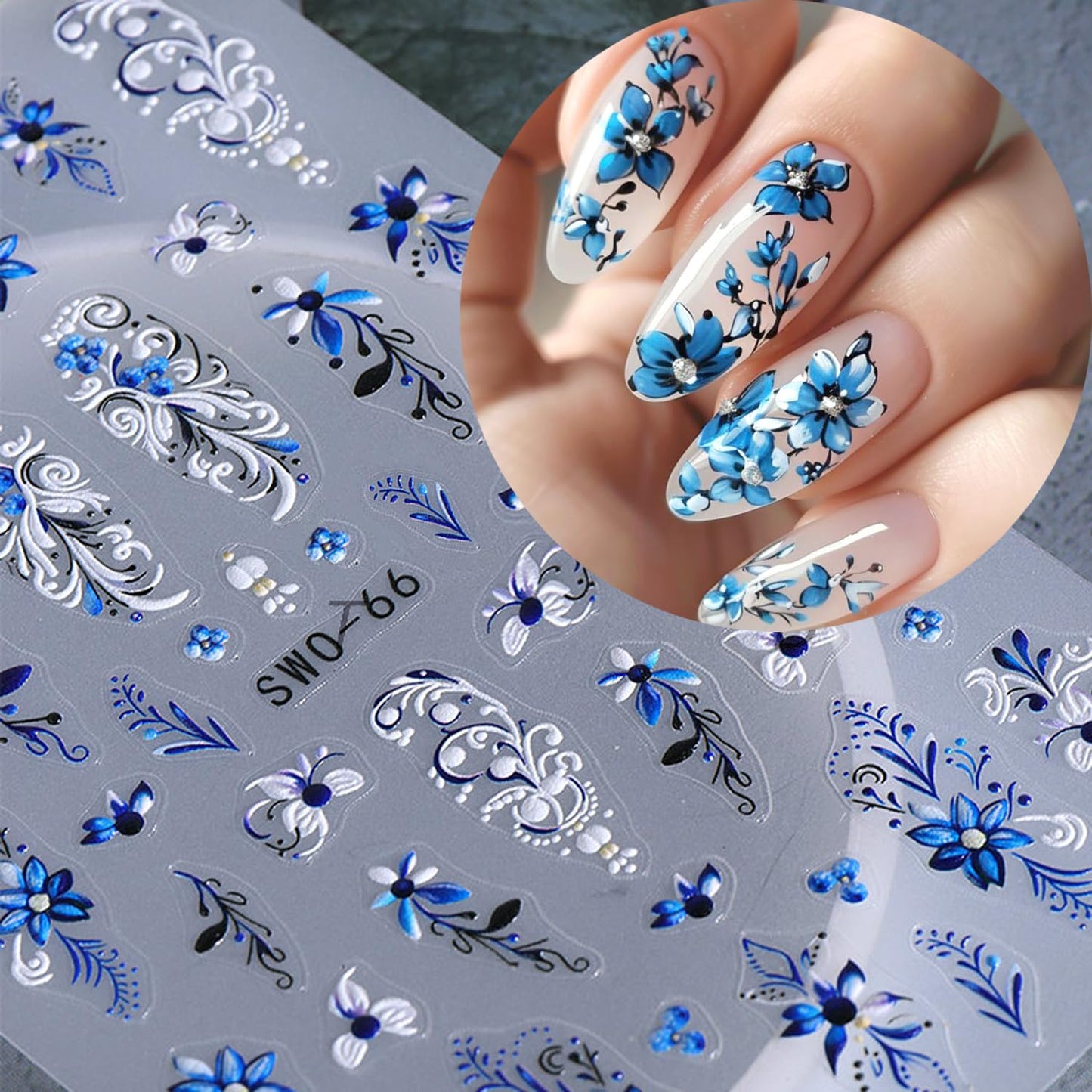 2Sheets Blue White Lily Flower Nail Art Stickers 5D Embossed Blue Flowers Vine Design Nail Decals Self-Adhesive Cute Floral Petals Nail Sticker Sliders for Women DIY Spring Summer Nails Decor Supplies