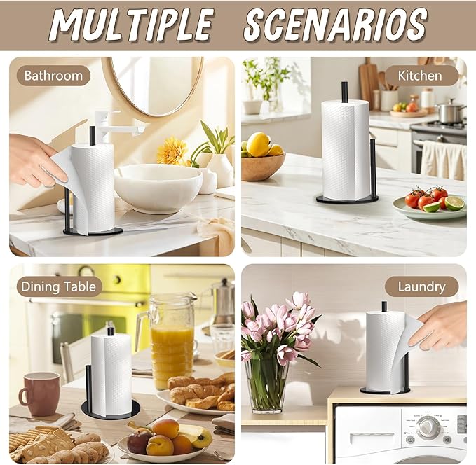 Paper Towel Holder Countertop, Premium Stainless Steel Black Paper Towel Holder with Anti Slip & Waterproof, Freestanding Countertop Paper Towels Holder for Kitchen, Tabletop, Bathroom