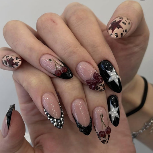 Medium Almond Press on Nails for Women Cherry & Star Fake Nails Artificial Stick on Nail