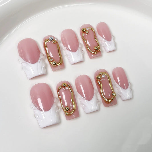 Threelegscat Square Handmade Press on Nails Medium Nails Press Ons With 3d Flower and French Tip Design Reusable Fake Nails for Women for Spring and Holiday 10pcs M Size Pattern S1110