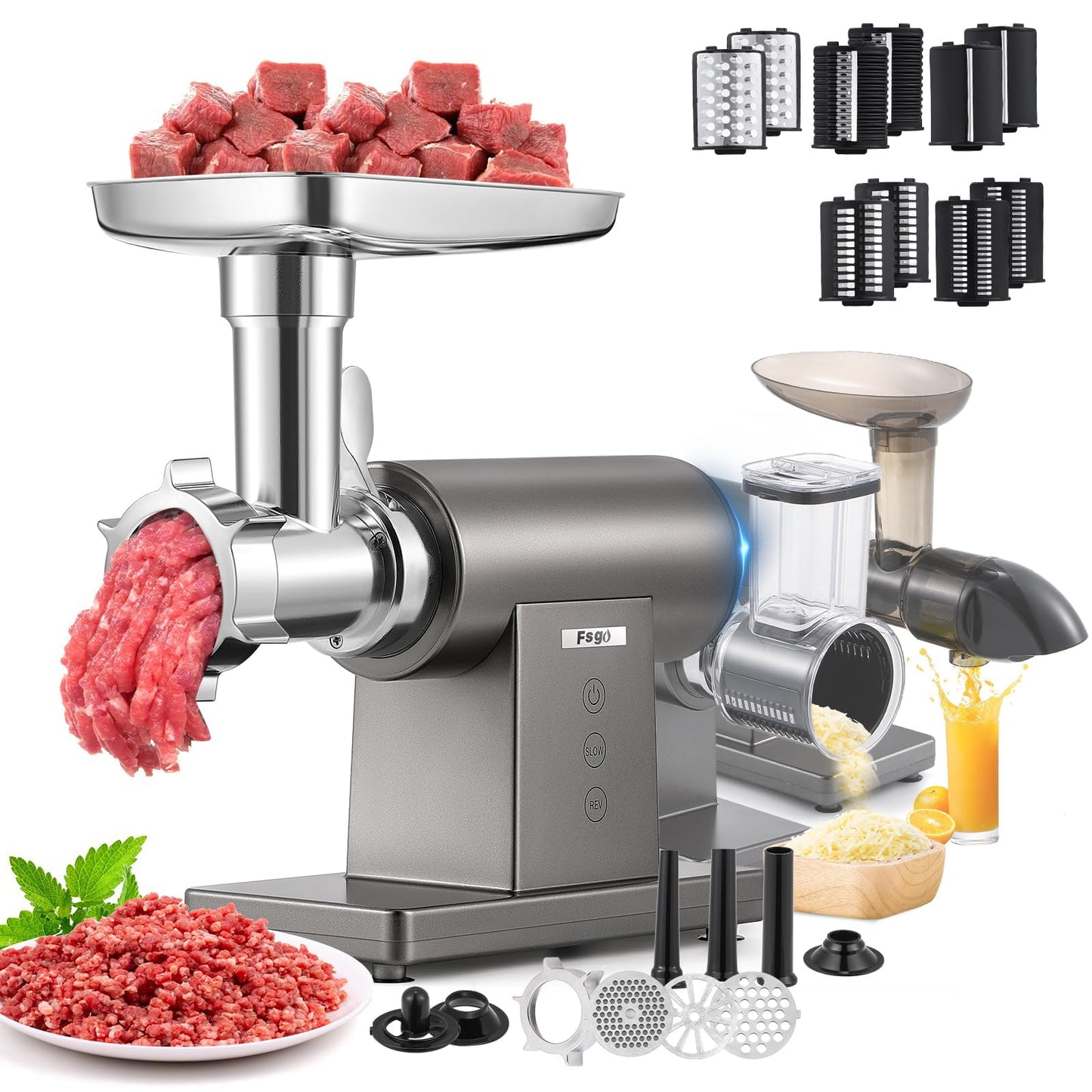 Flyseago Meat Grinder Electric 3200W Meat Mincer Chopper Machine Multifunctional with Cutting Blade 3 Grinding Plates 3 Sausage Stuffers Kubbe Kit Juicer Cheese Grater Veggie Shredder