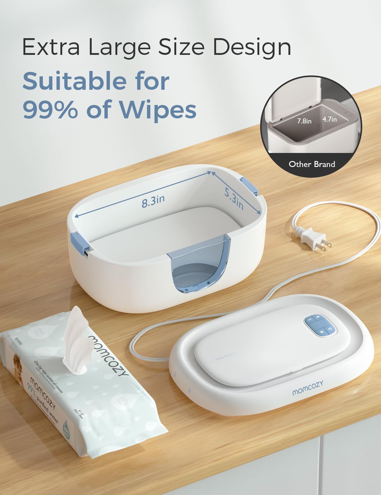 Momcozy Baby Wipe Warmer, Innovative Spring Design, Large Capacity Wipes Dispenser for 60-80pcs, Fast & Even Heating, 4 Modes of Temperature Heating Control, Diaper Wipe Warmer with Night Light, Blue