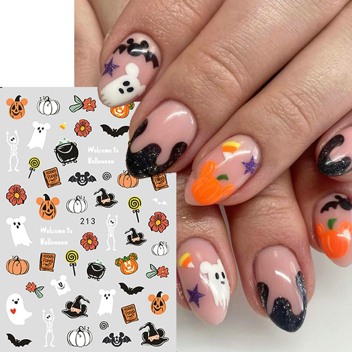 Halloween Nail Art Stickers 8 Sheets Cute Halloween Cartoon Nail Stickers Cute Ghost Pumpkin Stickers Blood Bats Cat Spider Web Skull Nail Art Design Nail Decals for Women DIY Halloween Charms