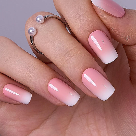 CurvLife Soft Gel Press on Nails Acrylic Fake Nails with Nude Ceramic Gradient Design Full Cover False Nails for Women Reusable Nail Kit