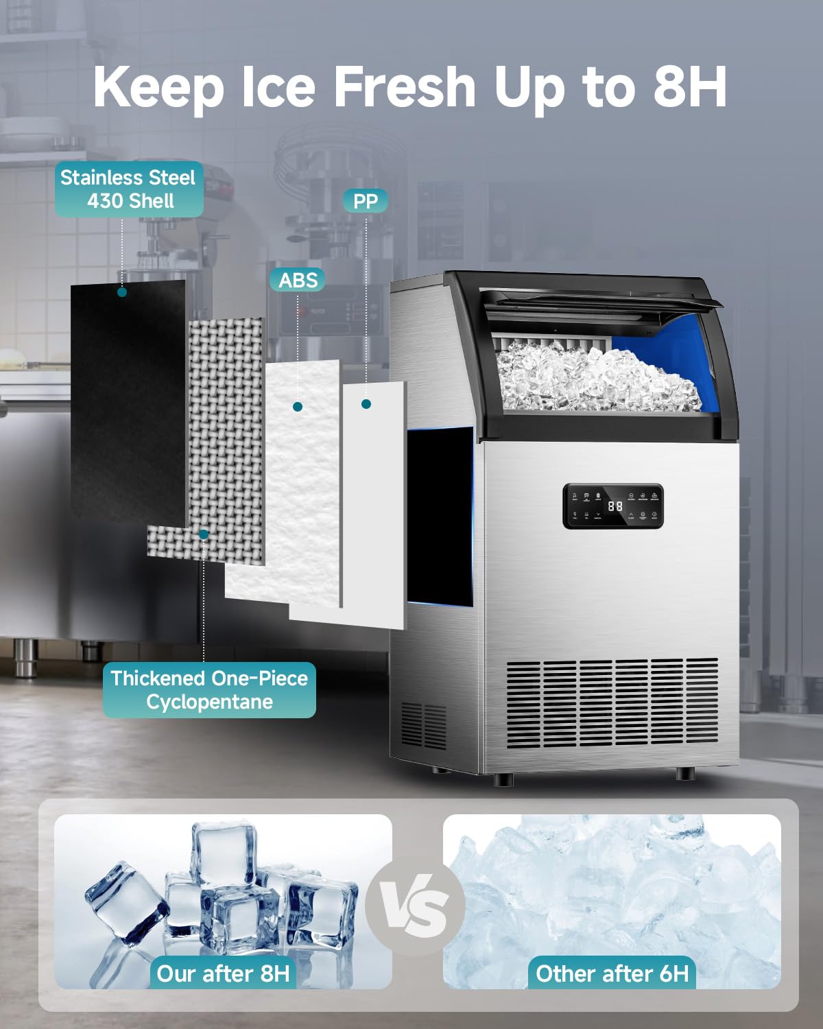 EUHOMY Commercial Ice Maker,120lbs/24H,Stainless Steel Under Counter Ice Machine with Water Filter,33lbs Storage Bin, 45 Cubes in 8-12 Mins, Freestanding Ice Cube Maker for Home/Bar/Cafe/Restaurant