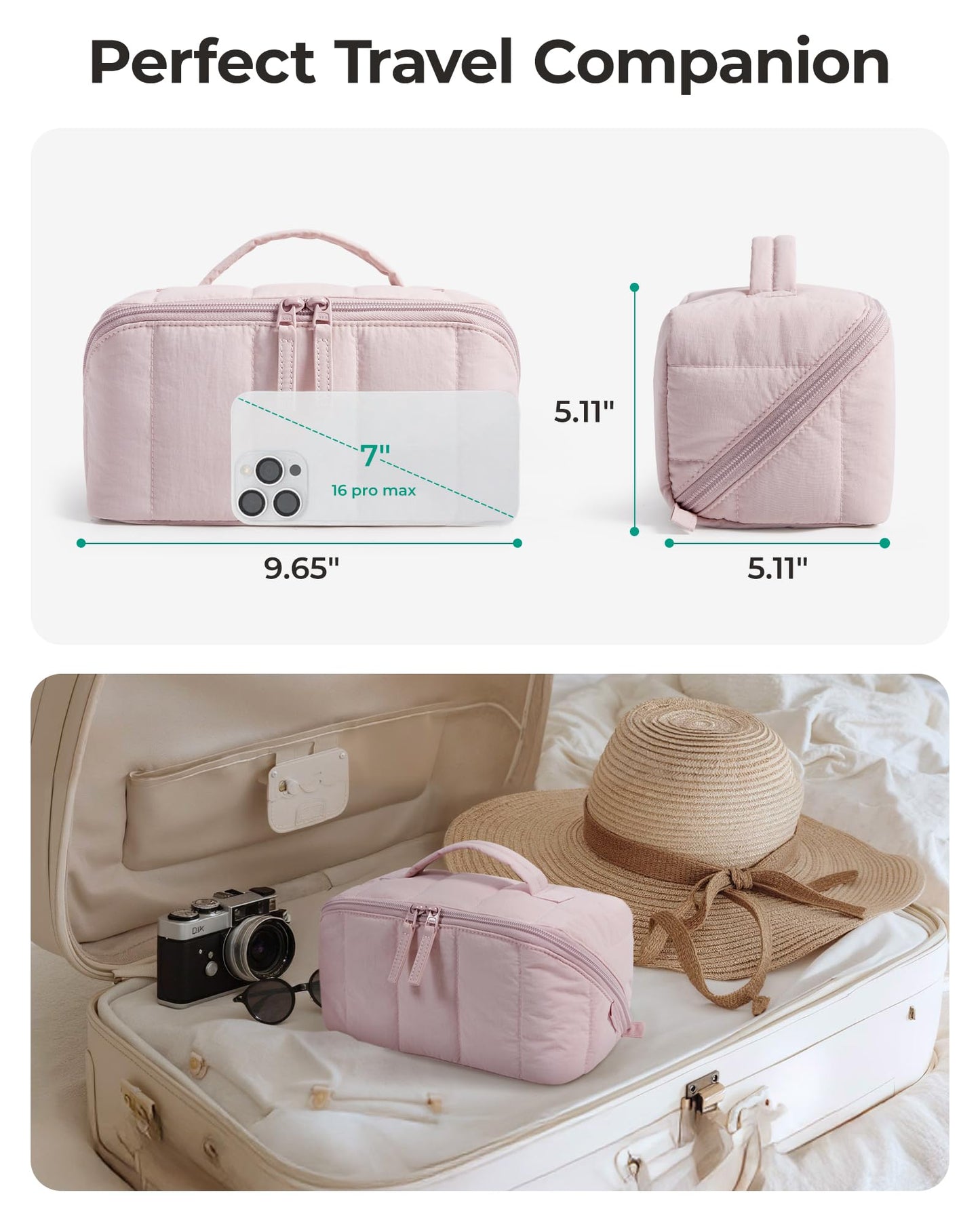 BAGSMART Travel Makeup Bag for Women, Portable Water-resistant Cosmetic Case, Puffy Padded Make Up Organizer Pouch, Open Flat Toiletry Bag for Toiletries, Brushes, Light Beige