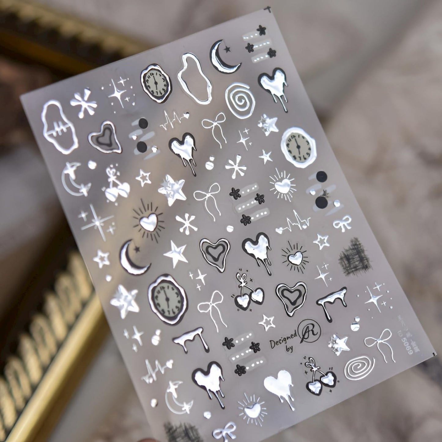Silver Heart Nail Art Stickers 5D Embossed Clock Bow Nail Decals Valentine Day Nail Stickers for Nail Art Moon Star Nails Design Supplies for Women Girls