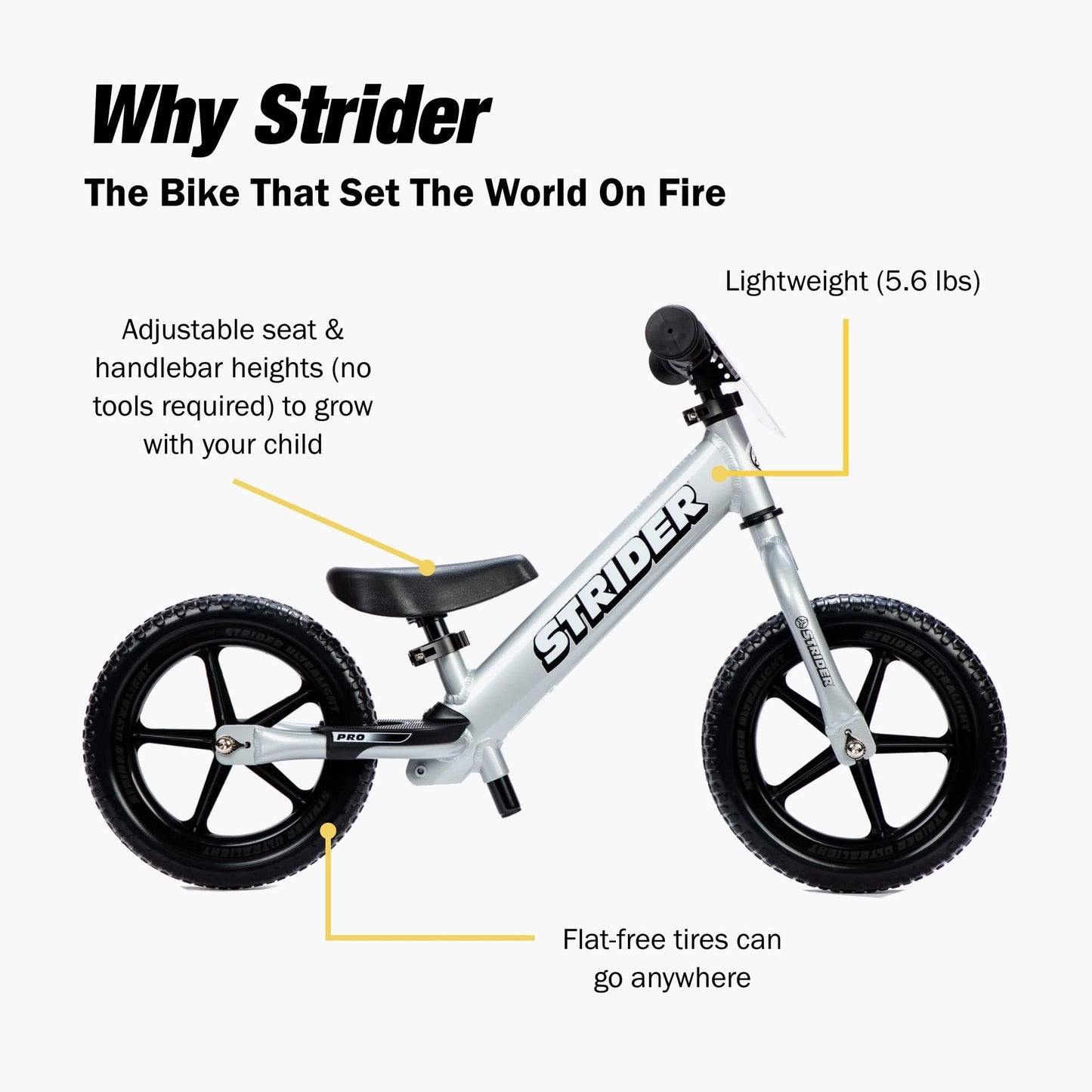 Strider 12” Pro Bike, Silver - No Pedal Balance Bicycle for Kids 1 to 4 Years - Includes Safety Pad, Padded Seat, Mini Grips & Flat-Free Tires - Tool Free
