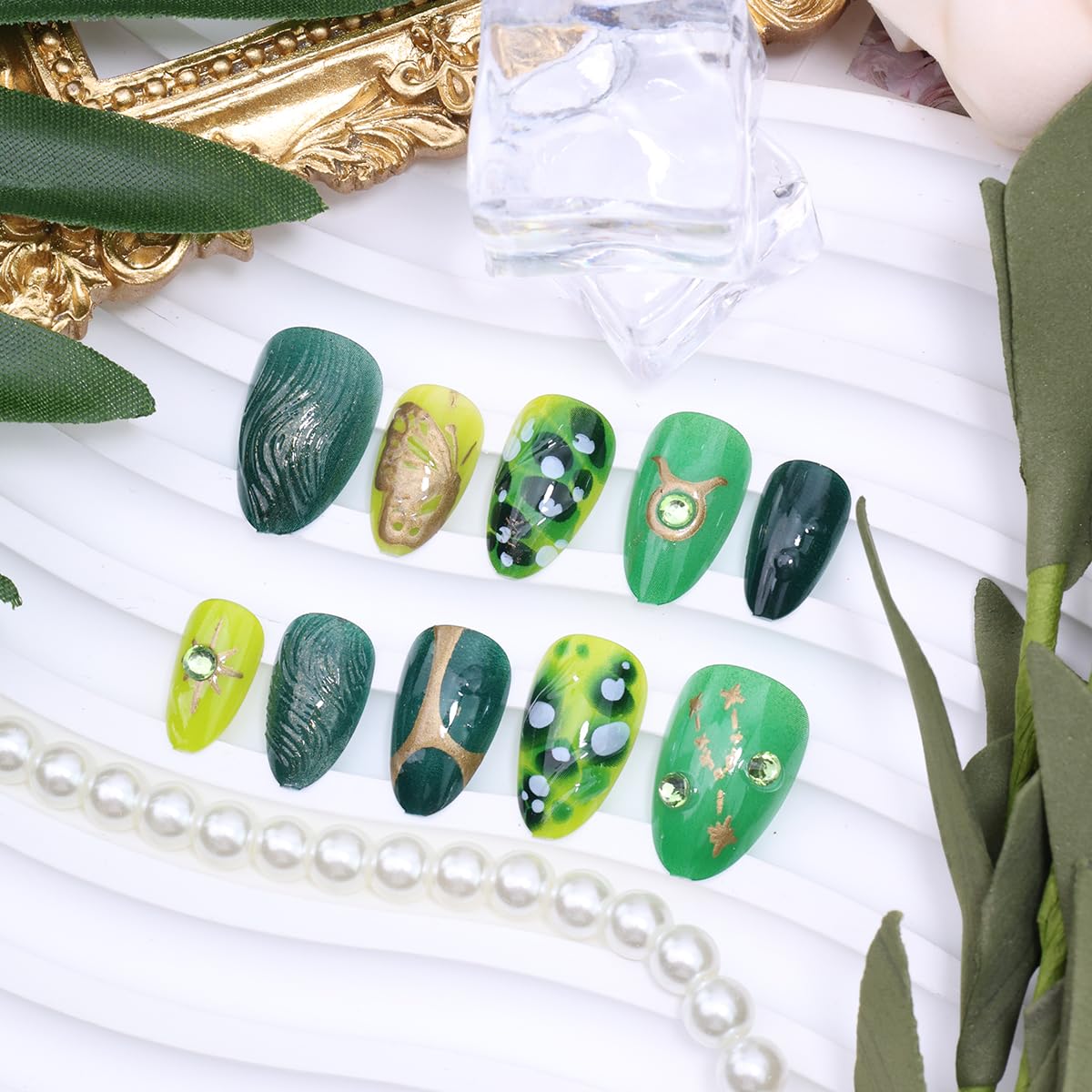 24Pcs Dark Green Press on Nails Short Almond Fake Nails Gold Butterfly Full Cover Spring False Nails Glitter Rhinestones Star Glue on Nails 3D Summer Stick on Nail Marble Green Acrylic Nails for Women