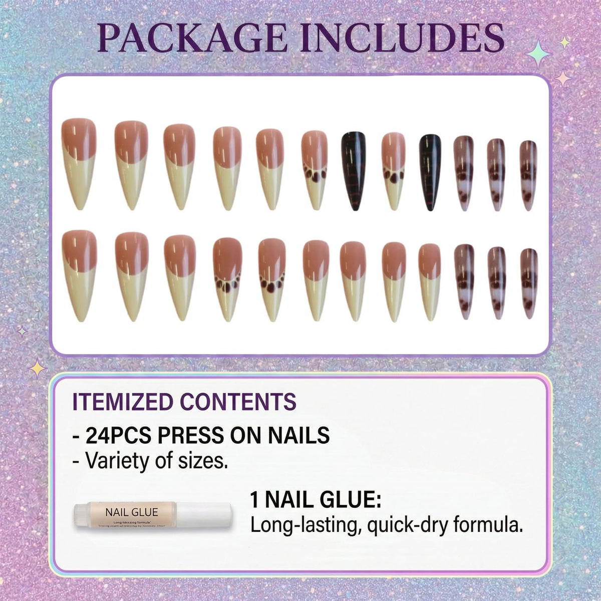 IMRAIN Stiletto Press on Nails, Long Fake Nails, Yellow French Tip Brown Animal Print, 24 Pcs Reusable Glue on Nails for Women, Salon Quality