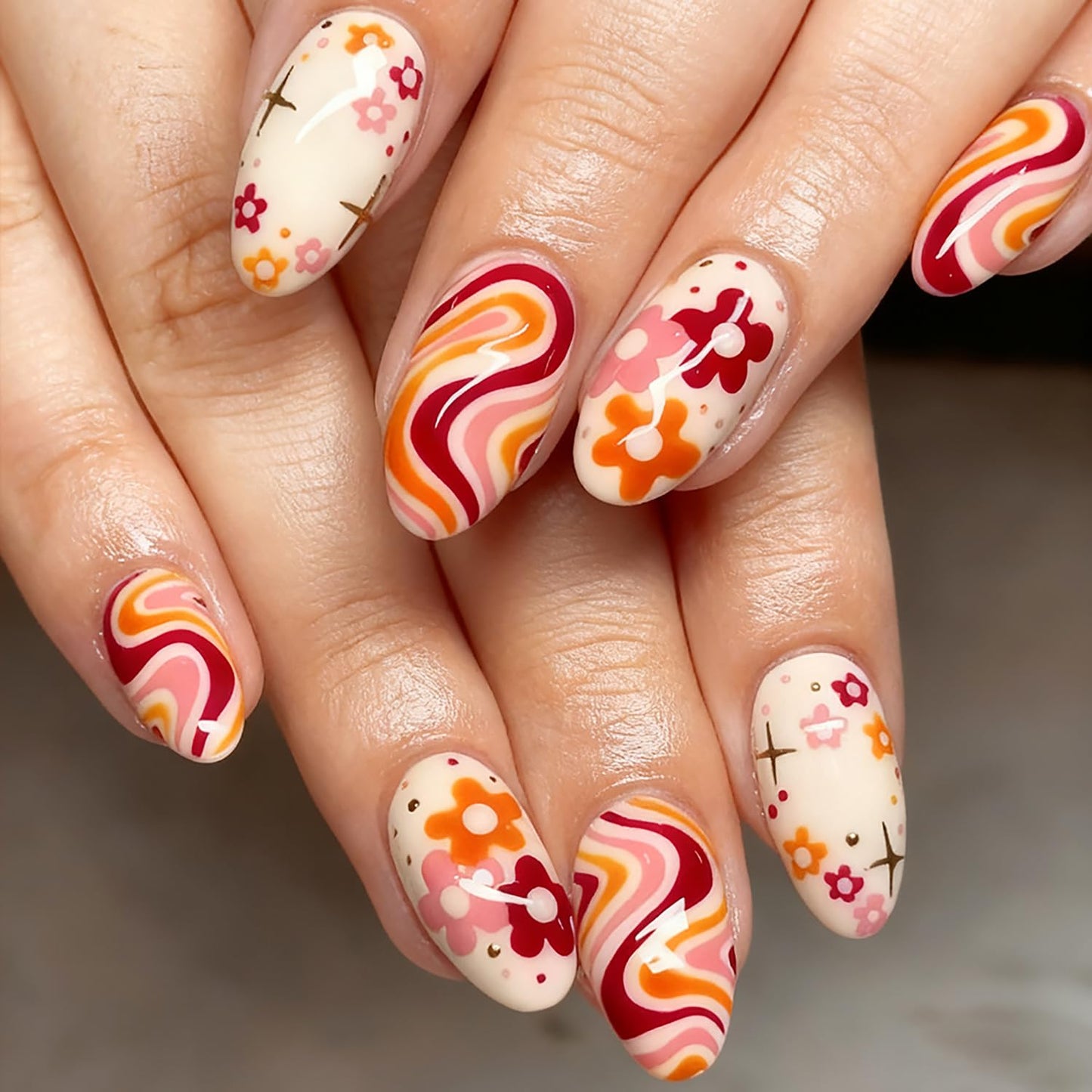 Cute Flower Press on Nails Colorful Swirl Stripe Fake Nails Long Almond Acrylic Glue on Nail Glossy Full Cover False Nail for Women
