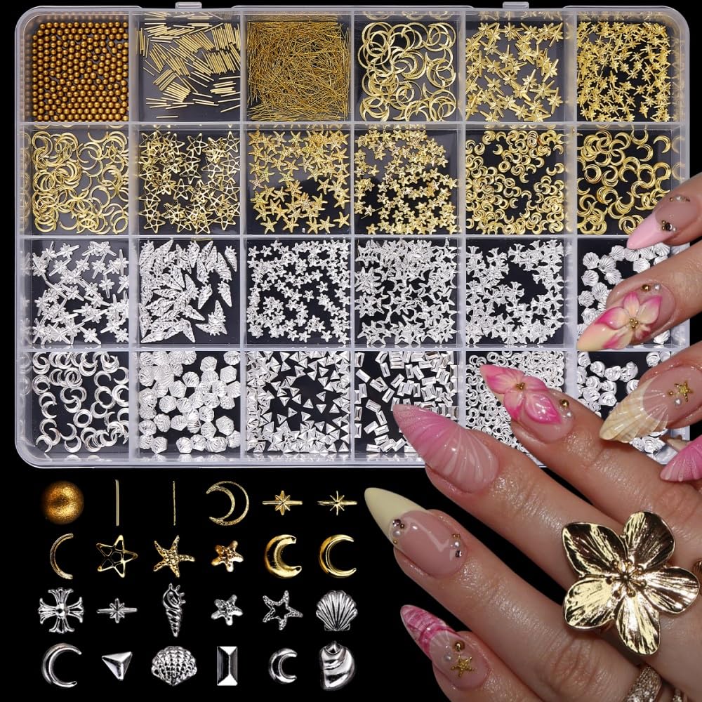 Gold Silver Nail Charms 3D Alloy Flower Nail Gems Metal Moon Star Nail Jewels Ocean Beach Starfish Seashell Gold Beads Nail Art Supplies with Tweezer for Women DIY Acrylic Nail 24 Grids 1 Box