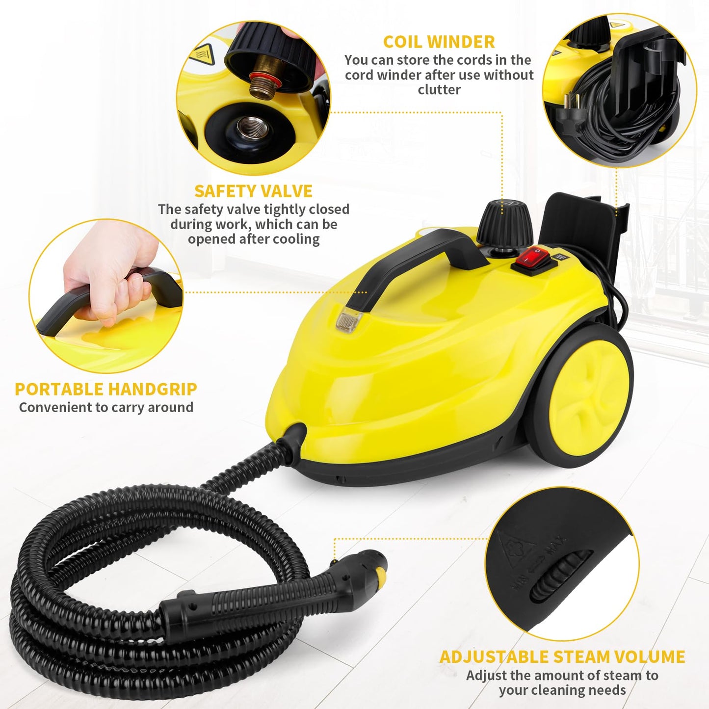 Steam Cleaner, 2000W Portable Household Steamer, 20 Accessories Included Multipurpose Steam Cleaner for Floors, Appliances,Kitchen,Playground,Car (Yellow)