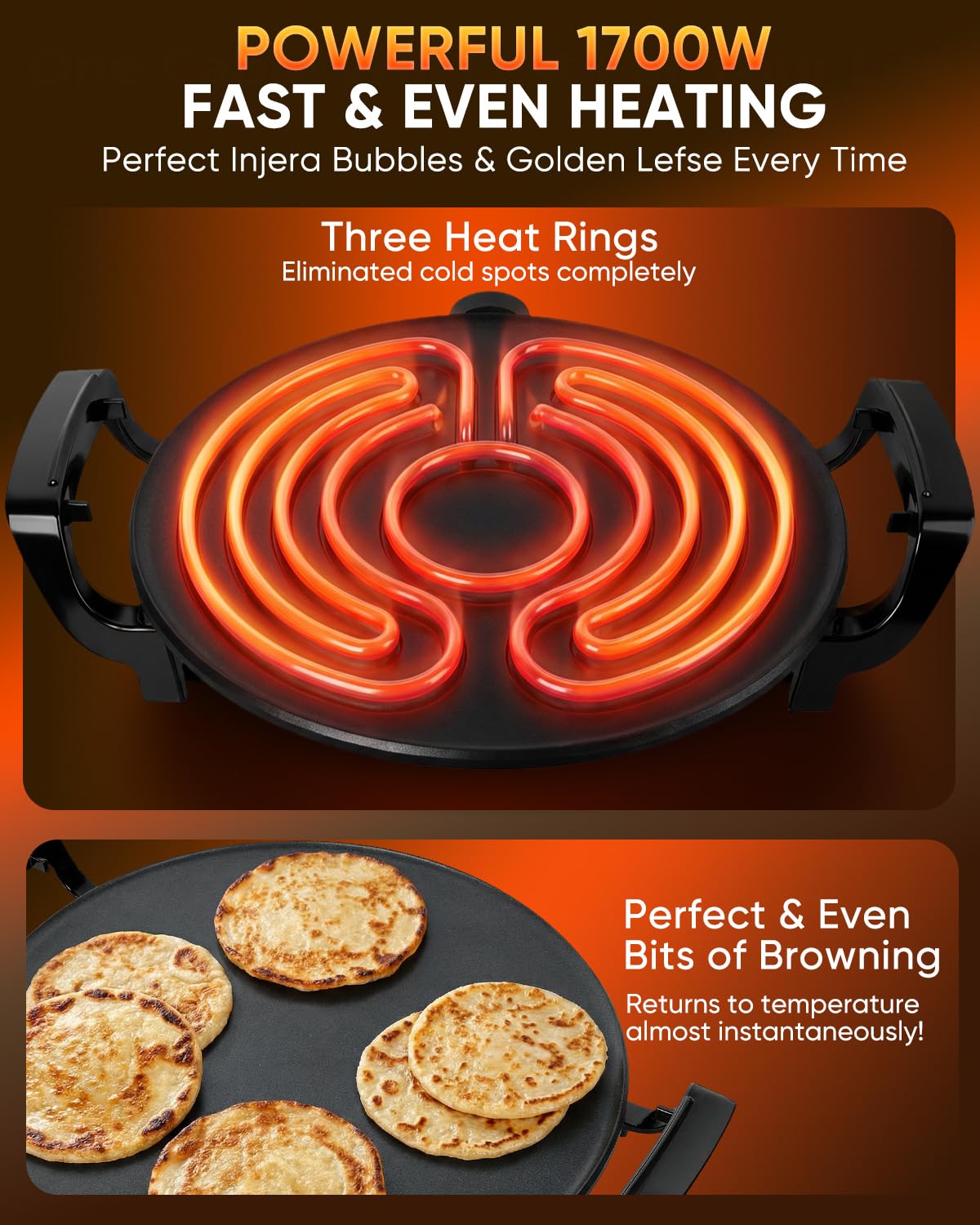 18.5" Mogogo Injera Maker Mitad/Electric Lefse Griddle, Adjustable Temperature & Time, Non-Stick Surface, Even Heating for Injera, Lefse, Crepe, Pancake, Dosa, Saj Bread & Other Flatbreads