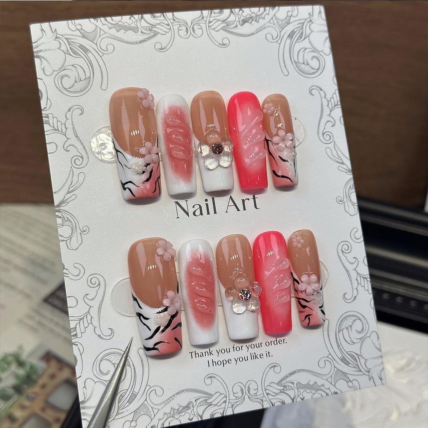 Handmade Press on Nails Long Square Shaped Fake Nails with 3D Rhinestones Flower Design Thick Acrylic and Muti-Layer Gel False Nails White French Tip Full Cover Acrylic Nails for Women (Size S)