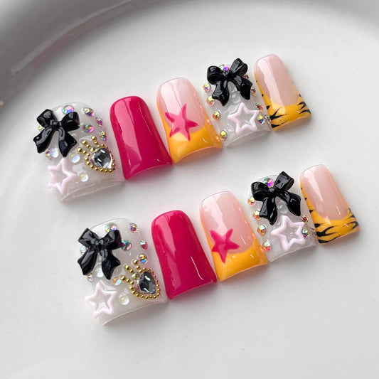 French Tip Press on Nails Handmade Short Duck 3D Thick Acrylic Nails Cute False Nails with Bow Stars Rhinestones Zebra Print Designs Kawaii Glossy Fake Nail Sturdy Art Press on Nail 10Pcs(S)