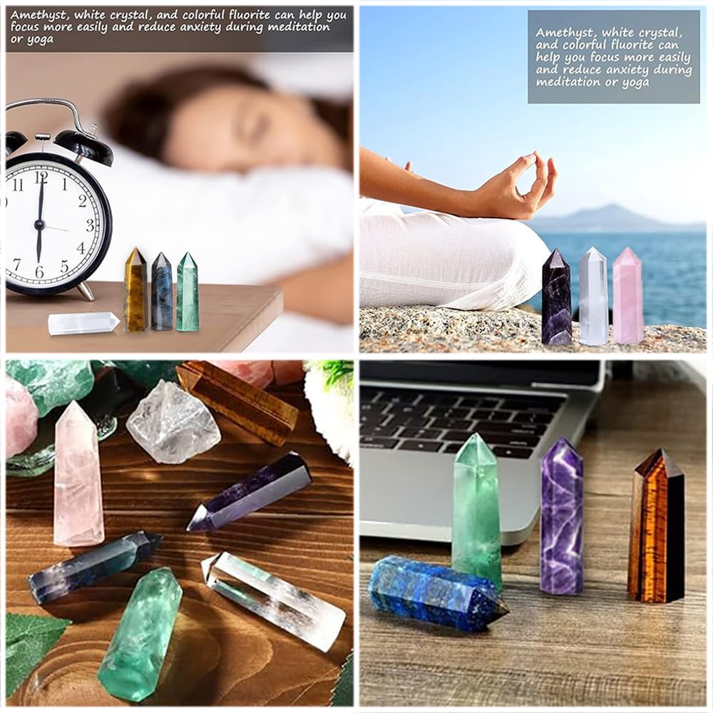 7PCS 2.2-2.6" Natural Crystals Tower Figurine Ornaments Polishing Rose Quartz Amethyst Stone Hexagonal Point Wand Obelisk Statue for Aquarium Decorative Rocks Gifts Home Decor(2.2inch/7pcs)