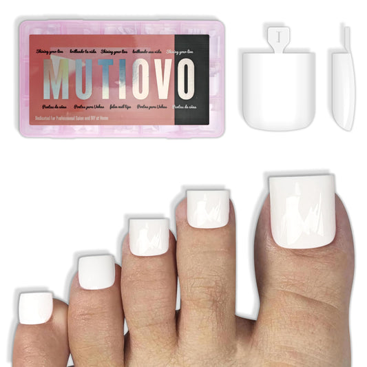 MUTIOVO Medium Square Toe Nail Tips Pure Color - 240Pcs White Soft Gel False Toenails, Pre-Etched Full Cover Press On Nails, Professional DIY Pedicure & Acrylic Extension (15 Sizes)