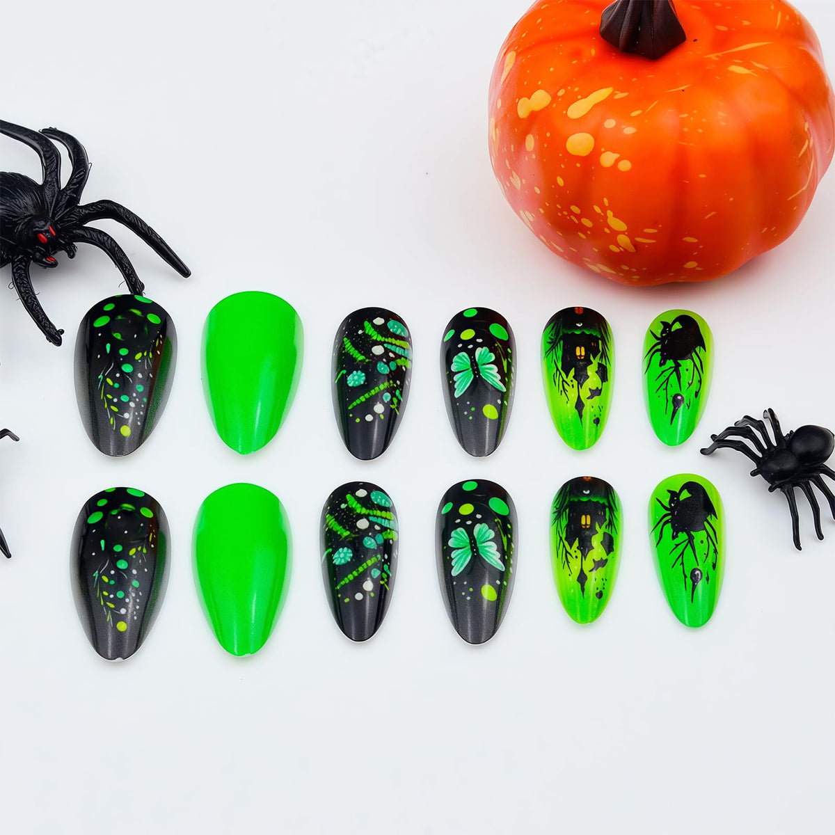 Halloween Press-On Nails Fluorescent Green Skull City Design False Nails Long Almond False Nails Butterfly Spider Acrylic Stickers Nail Gloss Halloween for Women Girls 24pcs