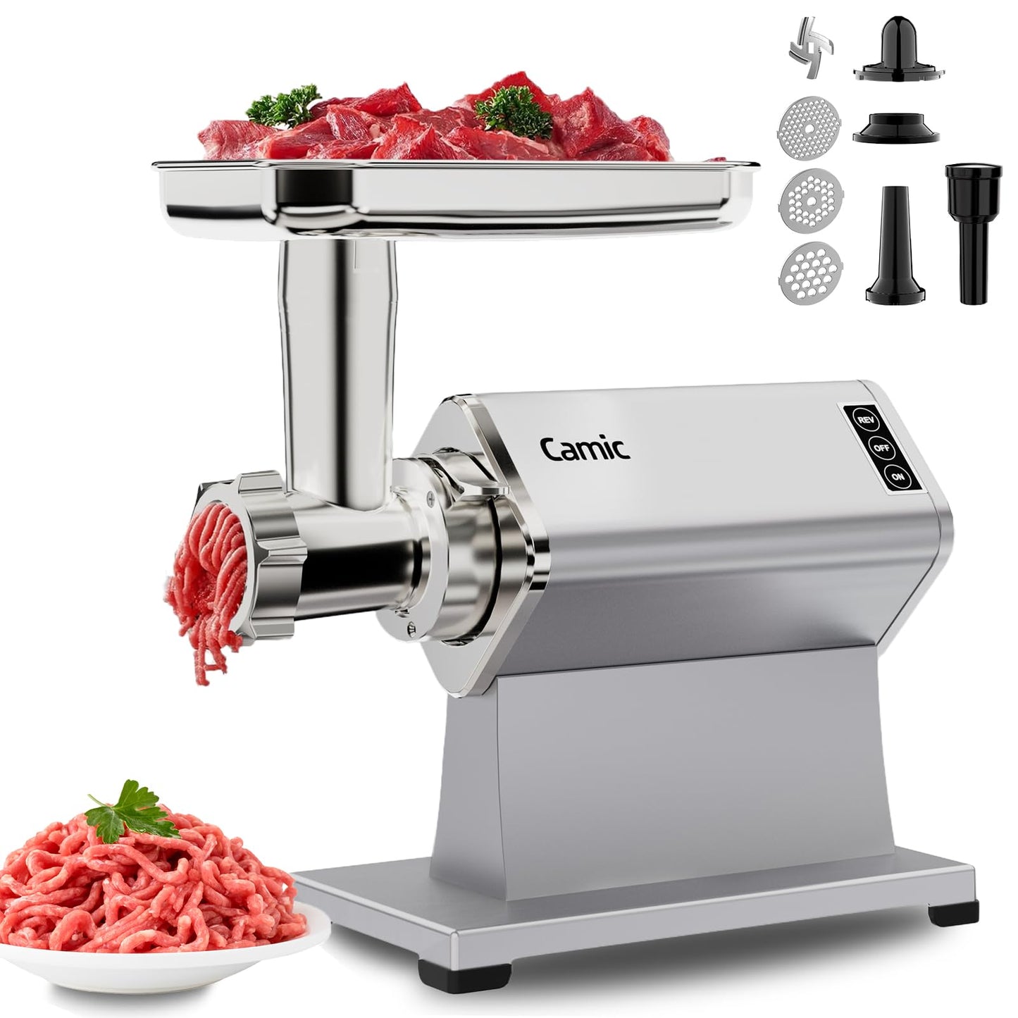 Camic Electric Meat Grinder - 300W Sausage Stuffer for Home Kitchen Use Meat Mincer with Stainless Steel 3 Plates, 1 Blade, Sausage Tube, Kubbe Maker