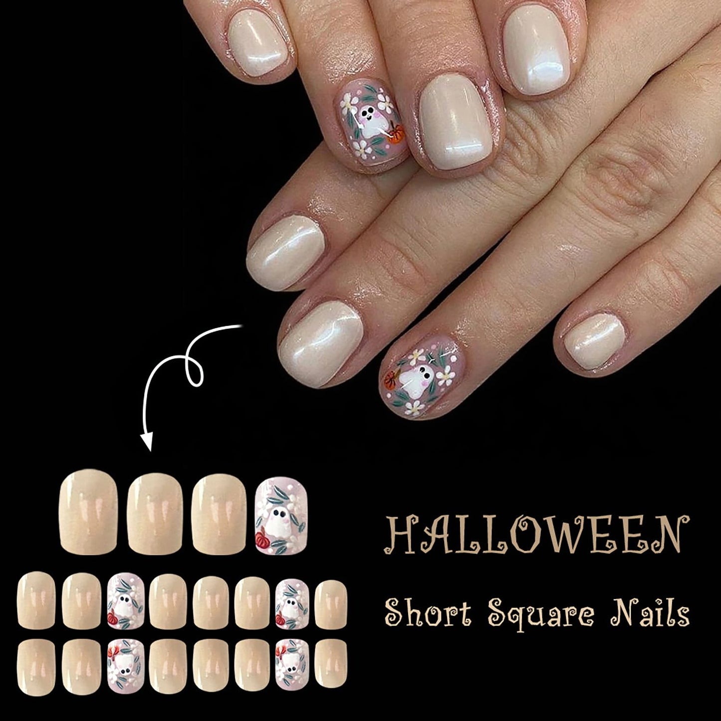 CJDLTS Halloween Press on Nails Short Square Cute Ghost False Nail Acrylic Artificial Fingernails Colorful Flowers Design Full Cover Glossy Festival Nude Stick on Nails for Women Supplies 24Pcs