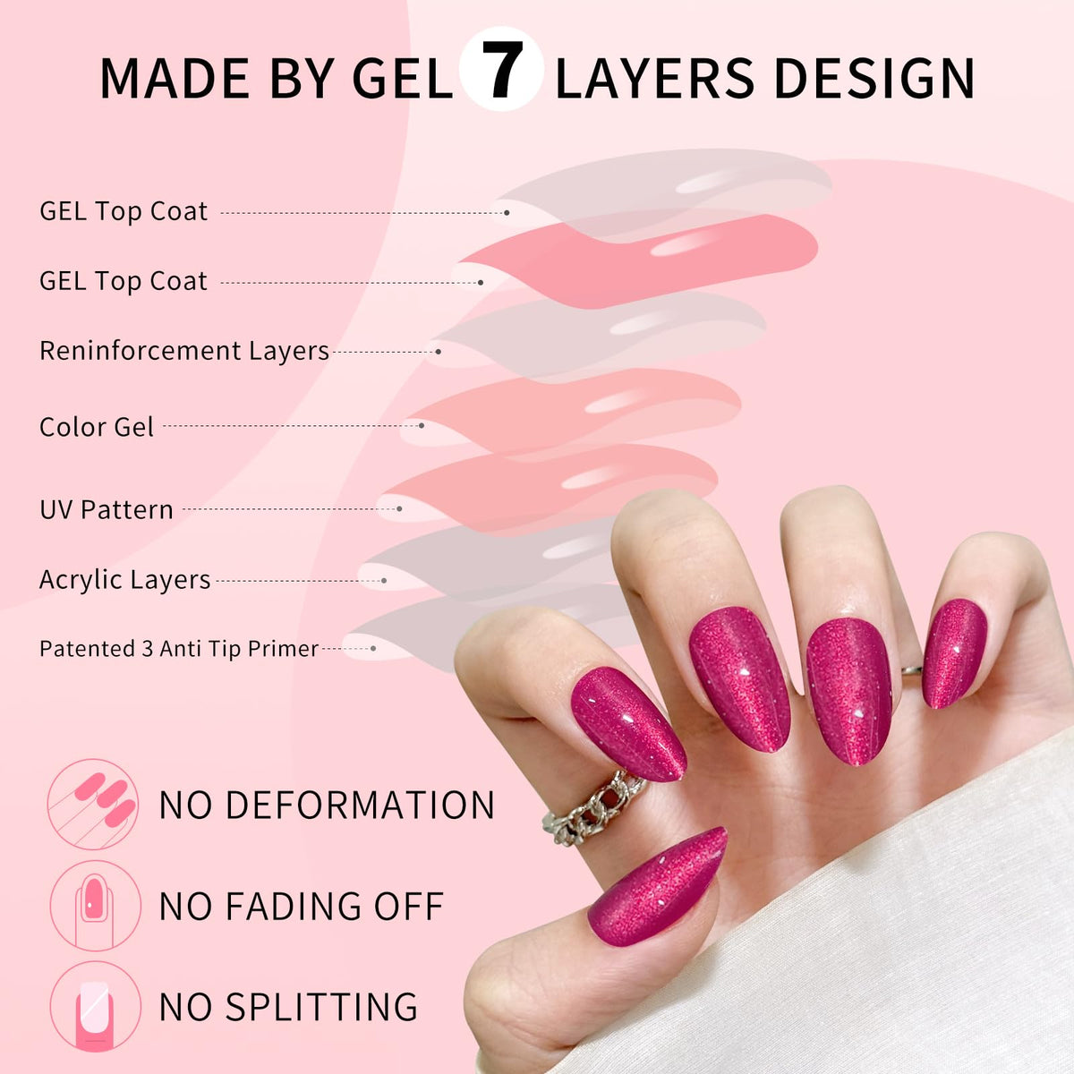 Rose Red Almond Cat Eyes Press On Nails,12 Sizes - 24 Pcs Soft Gel Red Medium Fake Nails Kit with Nail Glue, Natural Reusable Stick On False Nails for Women and Girls SK1024