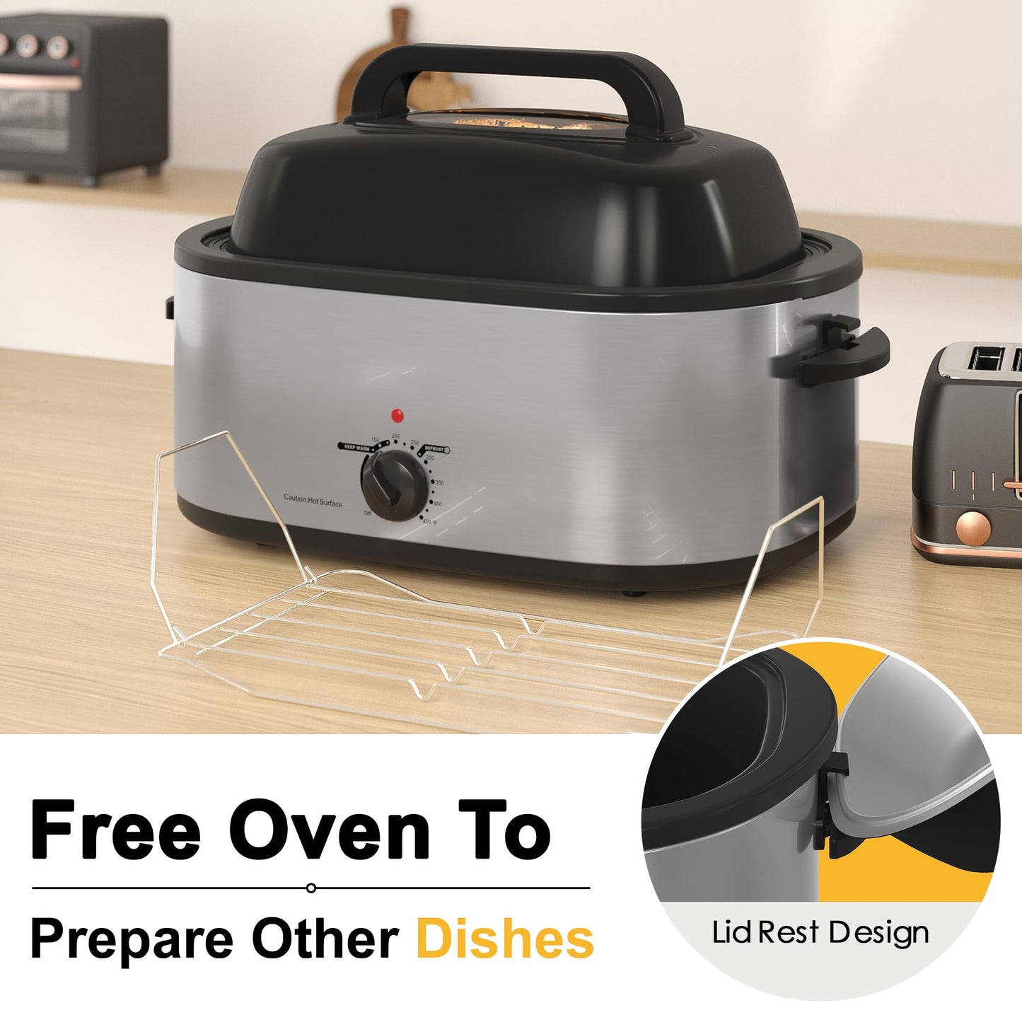 Roaster Oven 22Qt, Turkey Electric Roaster Oven Buffet with Self-Basting Lid, Removable Pan, Cool-Touch Handles, Stainless Steel, Silver