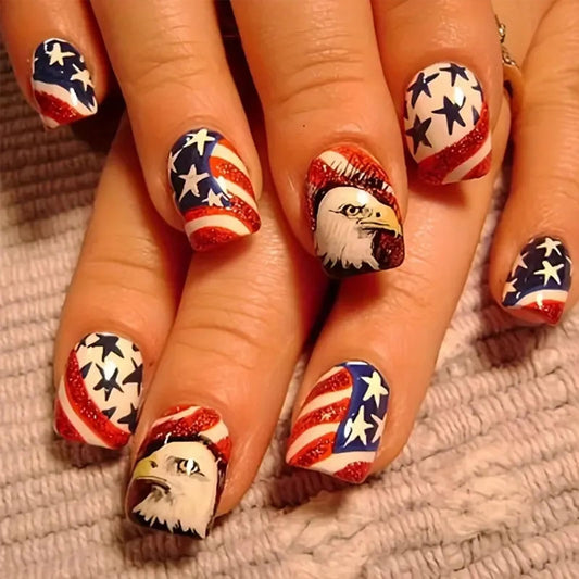 Independence Day Press on Nails Medium Square Fake Nails 4th of July False Nails with National Flag Eagle Star Design Patriotic Artificial Nail Full Cover Stick on Nails for Women Manicure 24Pcs